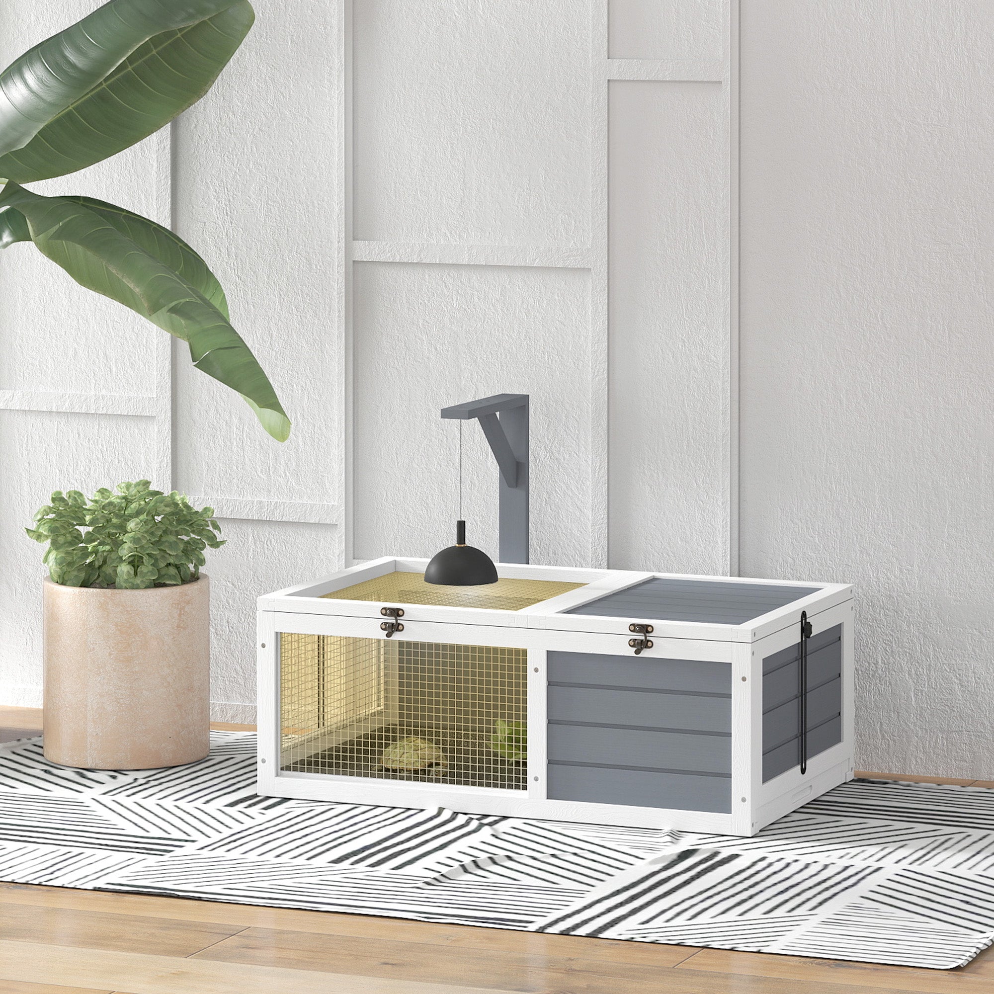 PawHut Tortoise House, Wooden Tortoise Enclosure, Tortoise Habitat with Lamp Holder, 2 Pull Out Trays, Hideaway, Run, for Outdoor & Indoor - Light Grey