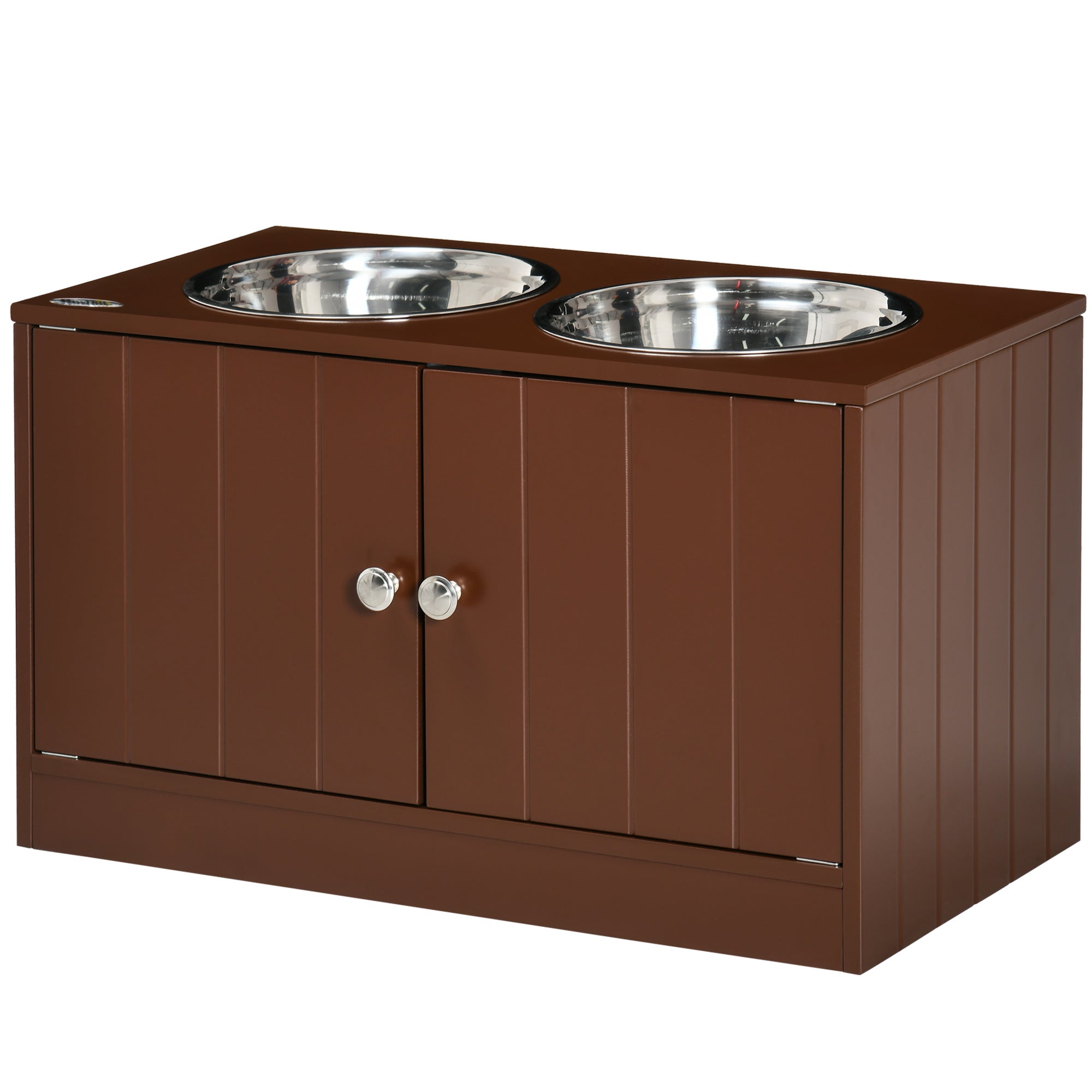 PawHut Elevated Dog Bowls for Large Dogs Pet Feeding Station with Stand, Storage, 2 Stainless Steel Food and Water Bowls, Brown, 23.6" x 11.8" x 14"
