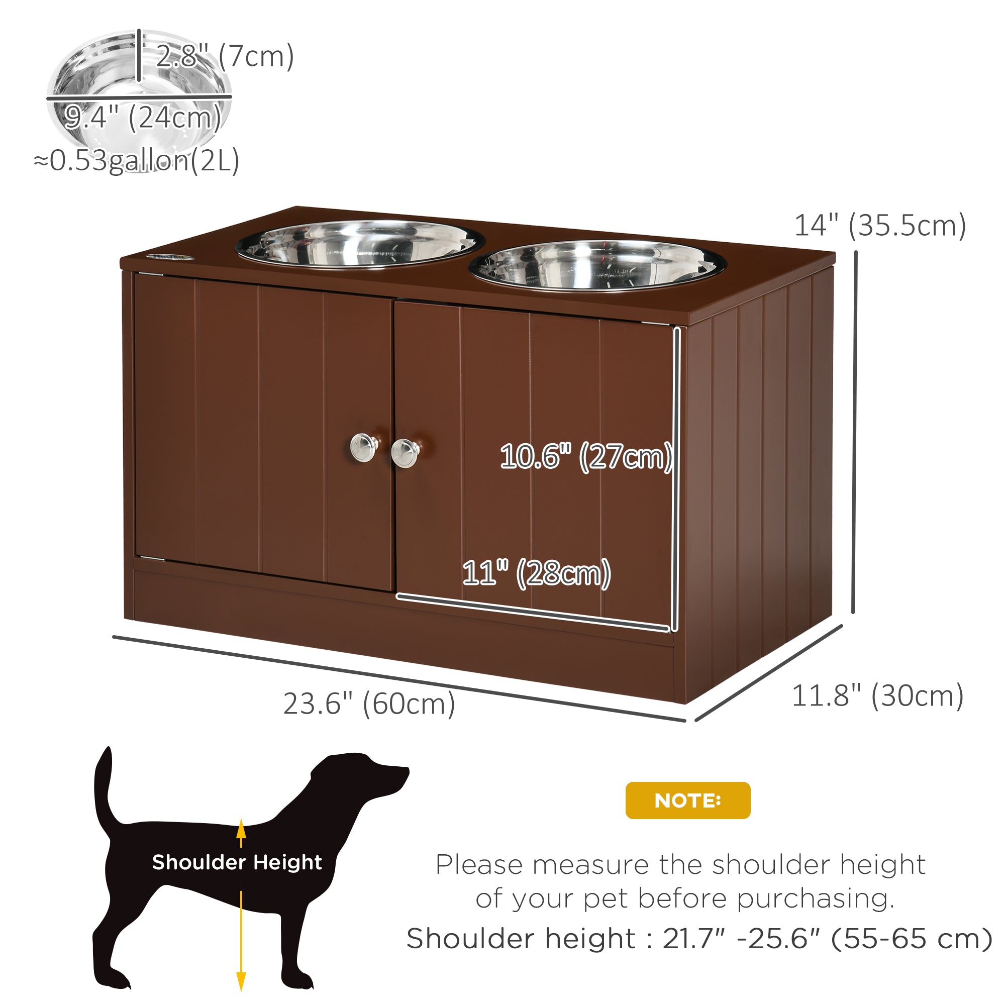 PawHut Elevated Dog Bowls for Large Dogs Pet Feeding Station with Stand, Storage, 2 Stainless Steel Food and Water Bowls, Brown, 23.6" x 11.8" x 14"
