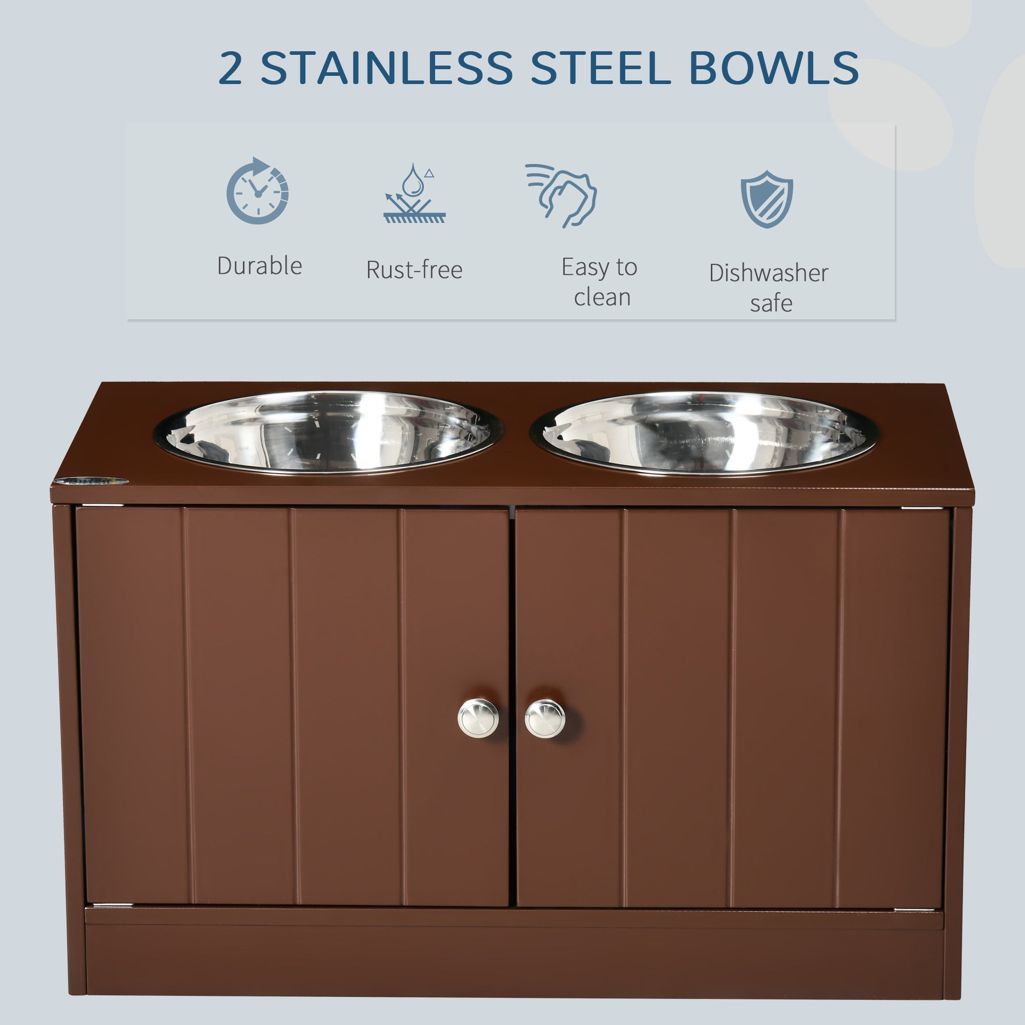 PawHut Elevated Dog Bowls for Large Dogs Pet Feeding Station with Stand, Storage, 2 Stainless Steel Food and Water Bowls, Brown, 23.6" x 11.8" x 14"