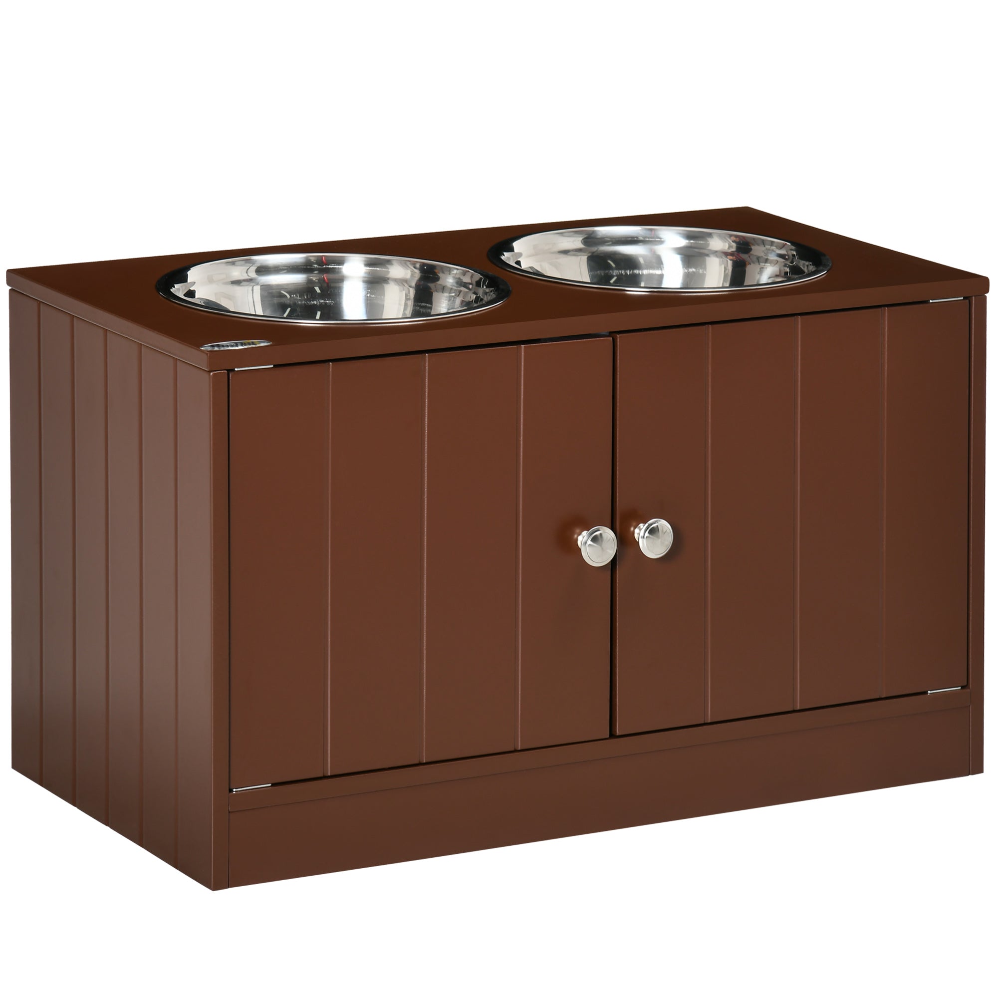 PawHut Elevated Dog Bowls for Large Dogs Pet Feeding Station with Stand, Storage, 2 Stainless Steel Food and Water Bowls, Brown, 23.6" x 11.8" x 14"