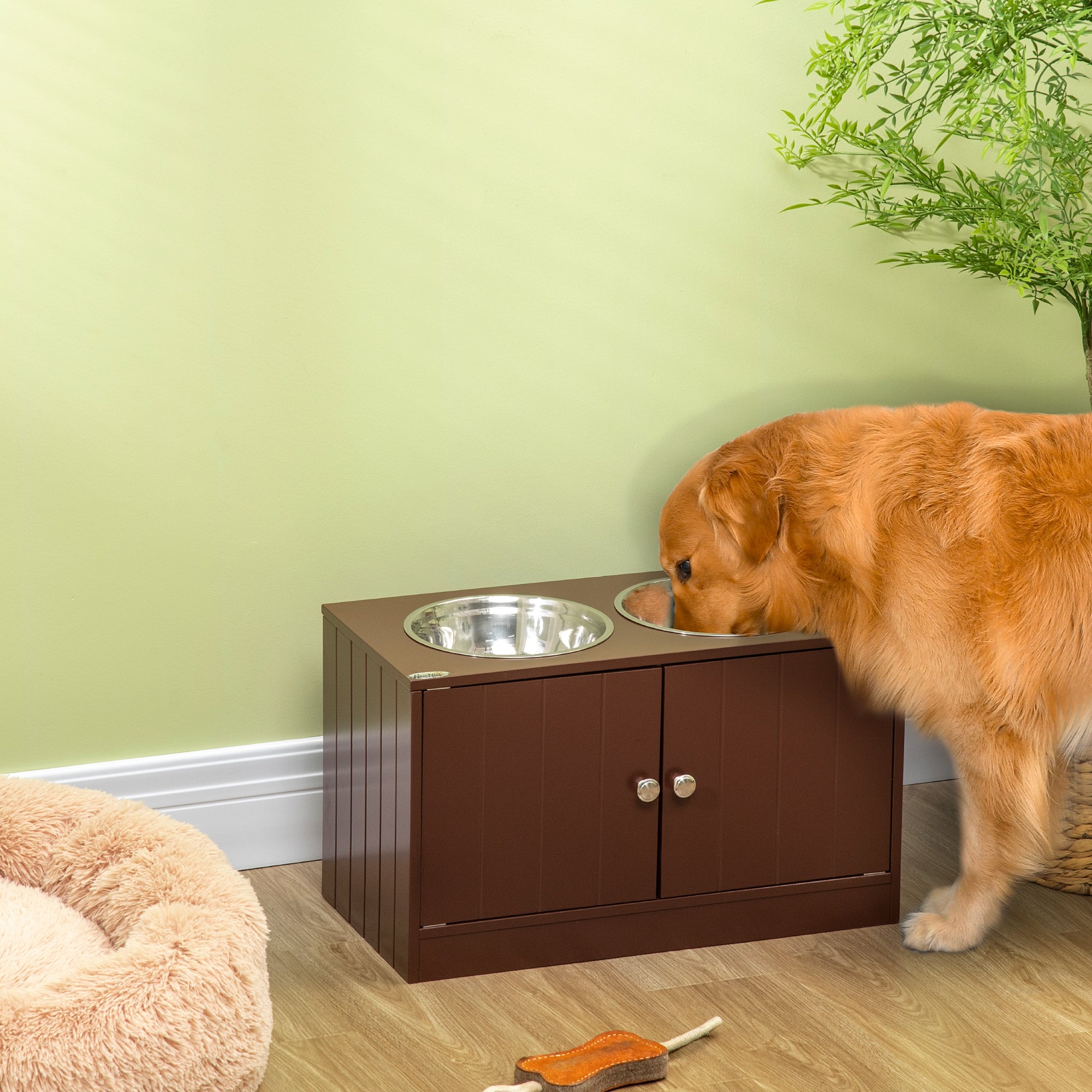 PawHut Elevated Dog Bowls for Large Dogs Pet Feeding Station with Stand, Storage, 2 Stainless Steel Food and Water Bowls, Brown, 23.6" x 11.8" x 14"