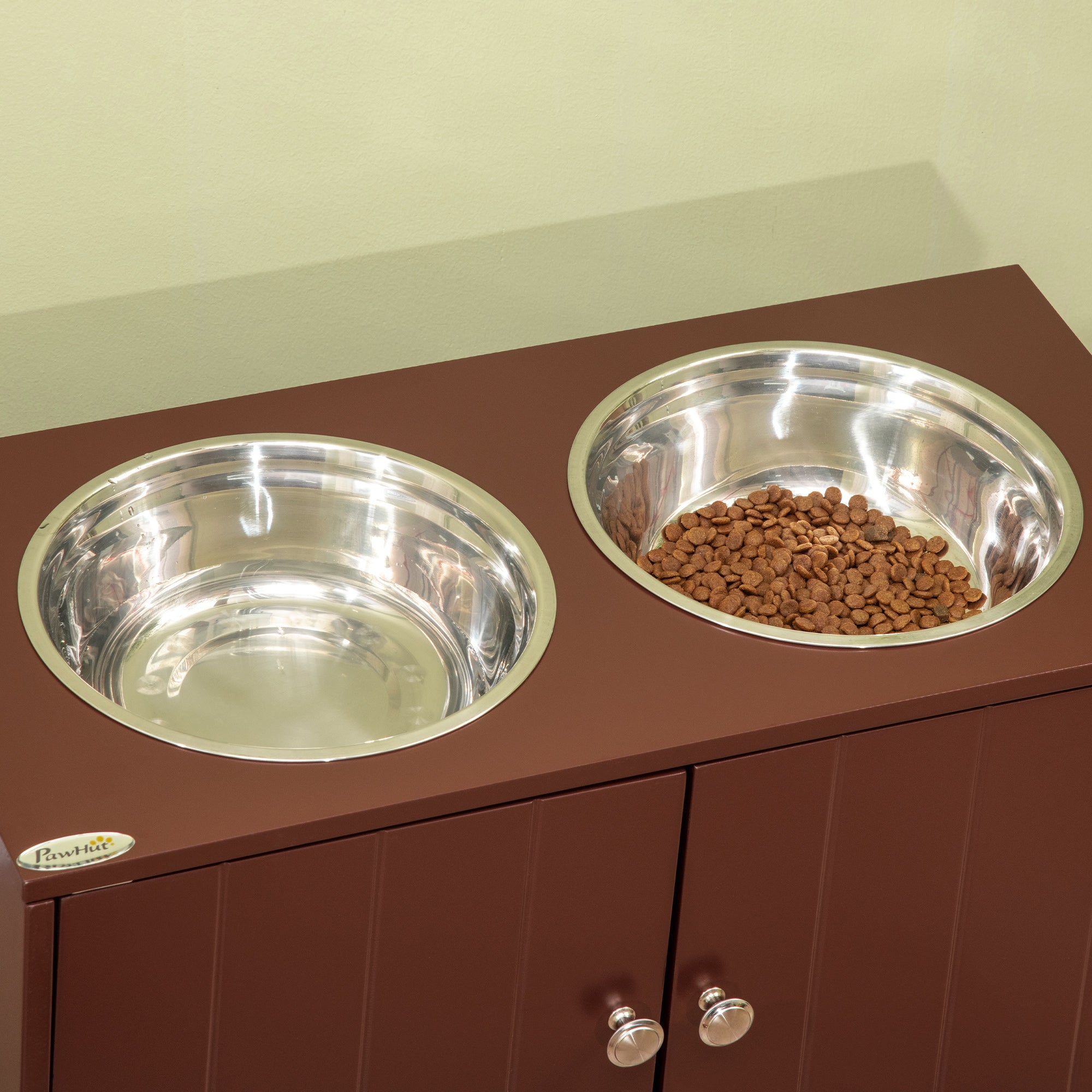 PawHut Elevated Dog Bowls for Large Dogs Pet Feeding Station with Stand, Storage, 2 Stainless Steel Food and Water Bowls, Brown, 23.6" x 11.8" x 14"
