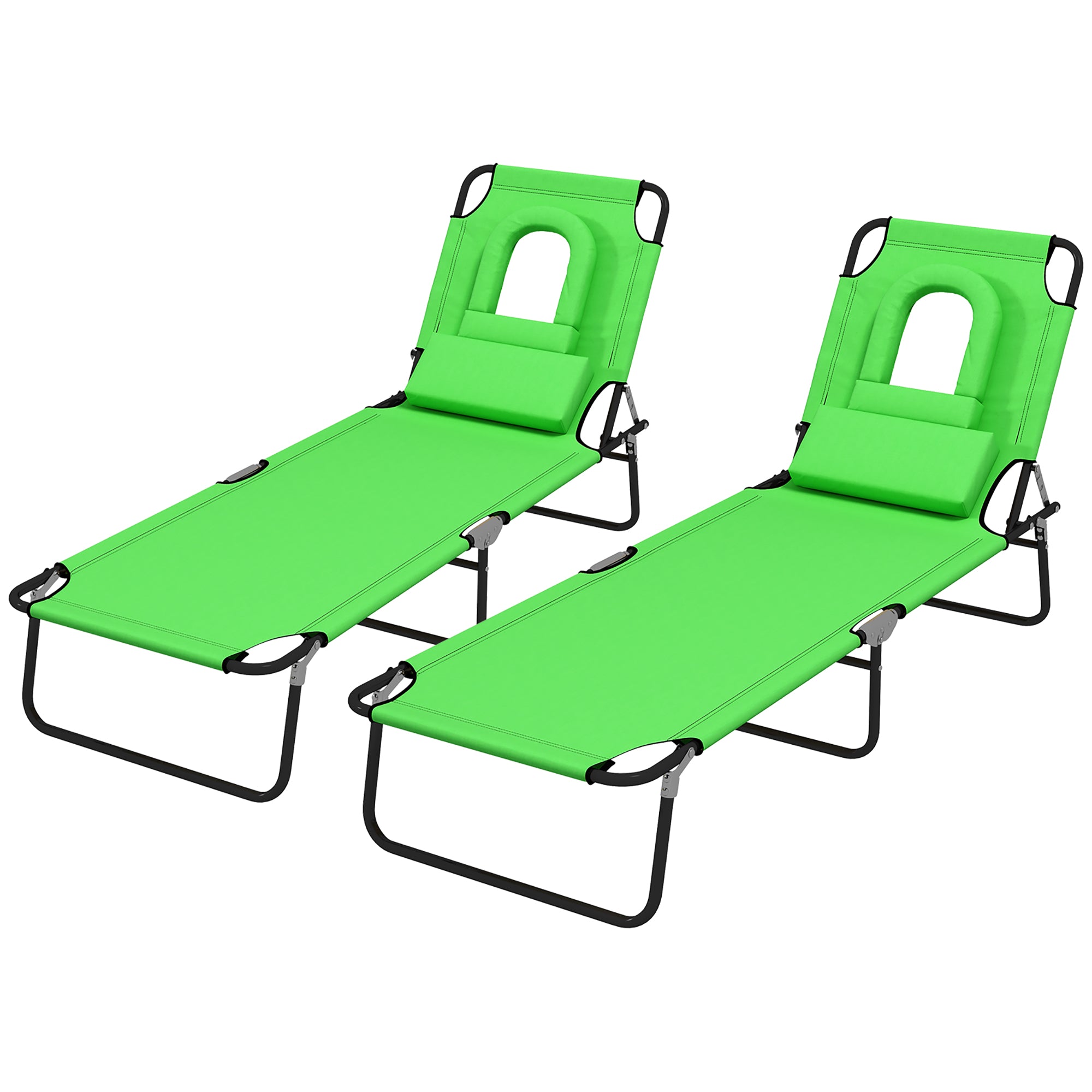 Outsunny 2PCS Adjustable Outdoor Lounge Chair, Garden Folding Chaise Lounge w/ Reading Hole Reclining Tanning Chair Seat, Folding Camping Beach Lounging Bed with Head Support Green