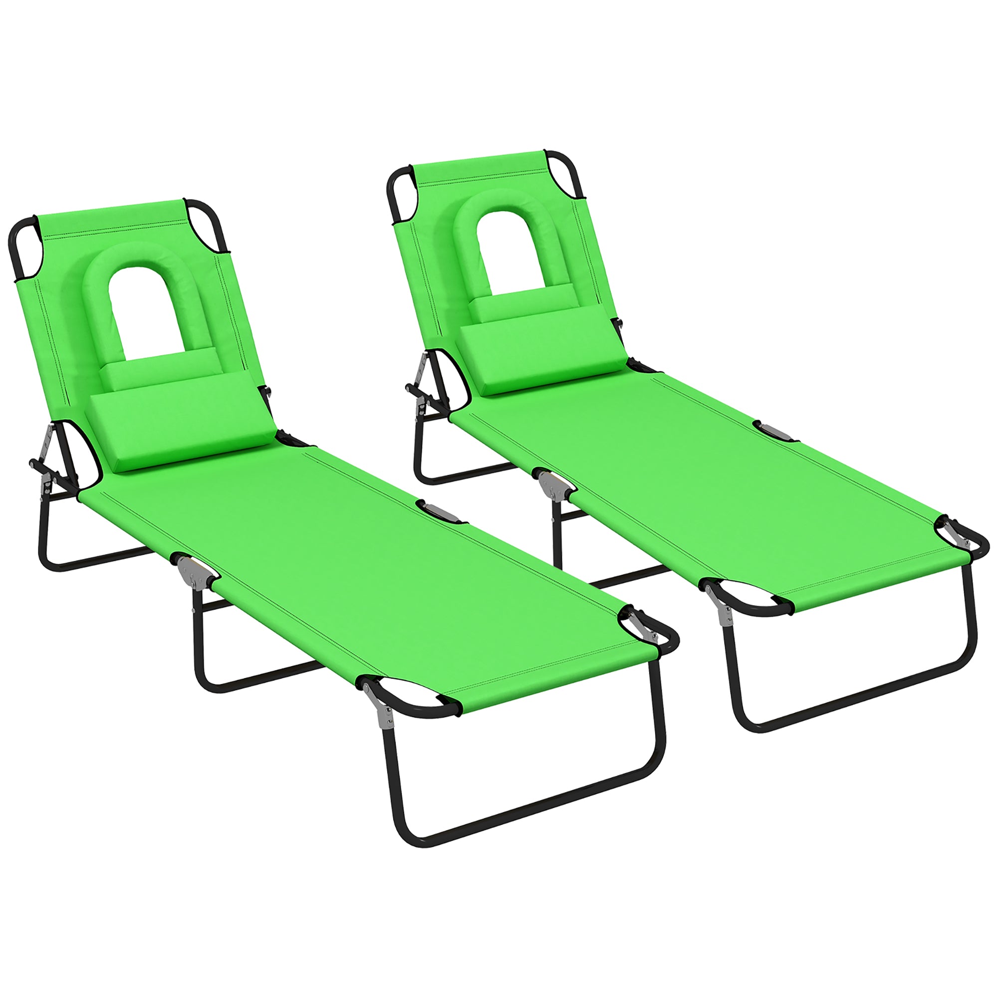 Outsunny 2PCS Adjustable Outdoor Lounge Chair, Garden Folding Chaise Lounge w/ Reading Hole Reclining Tanning Chair Seat, Folding Camping Beach Lounging Bed with Head Support Green