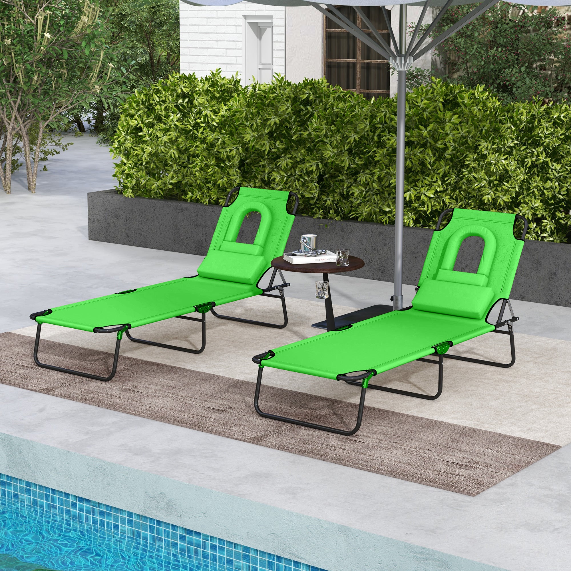 Outsunny 2PCS Adjustable Outdoor Lounge Chair, Garden Folding Chaise Lounge w/ Reading Hole Reclining Tanning Chair Seat, Folding Camping Beach Lounging Bed with Head Support Green