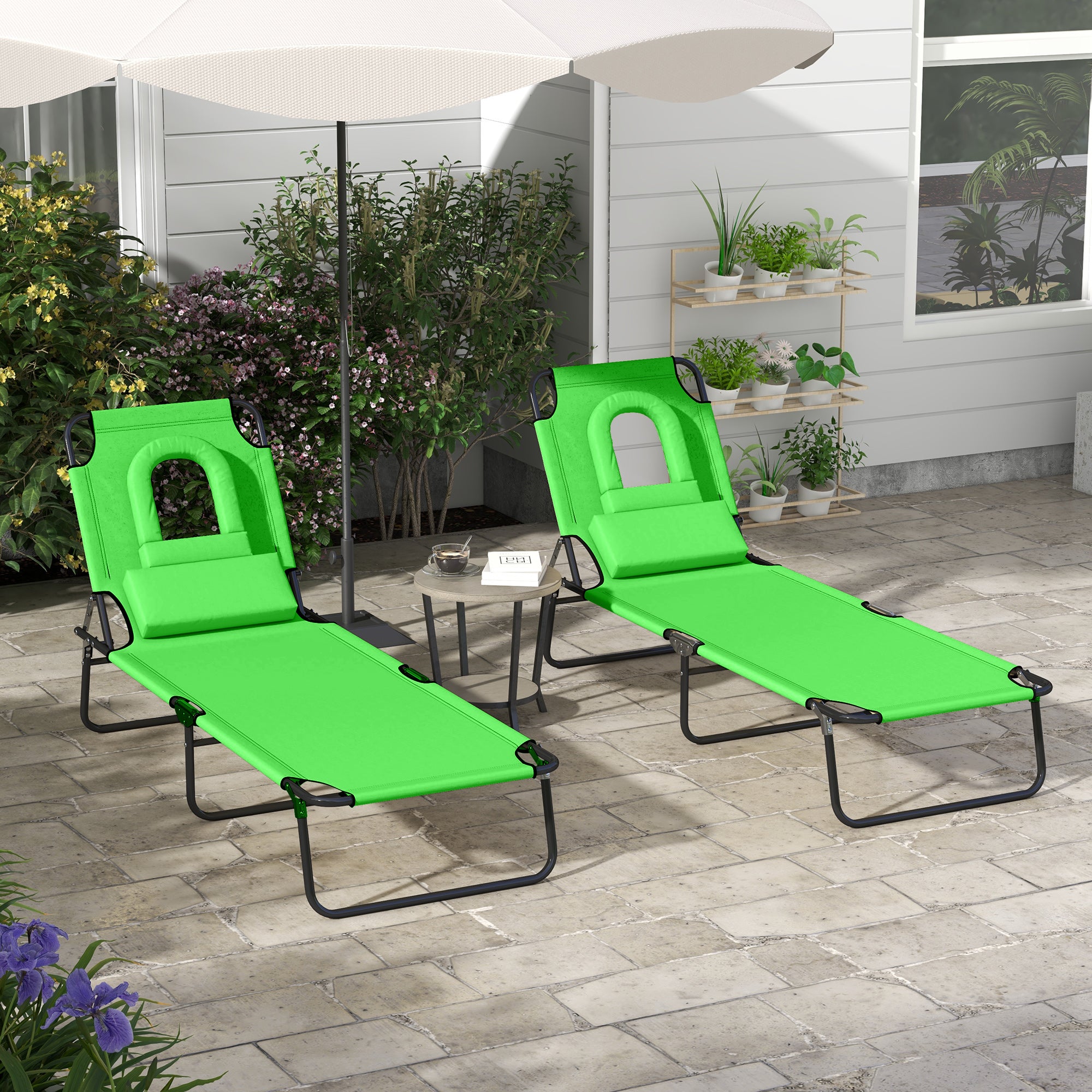 Outsunny 2PCS Adjustable Outdoor Lounge Chair, Garden Folding Chaise Lounge w/ Reading Hole Reclining Tanning Chair Seat, Folding Camping Beach Lounging Bed with Head Support Green
