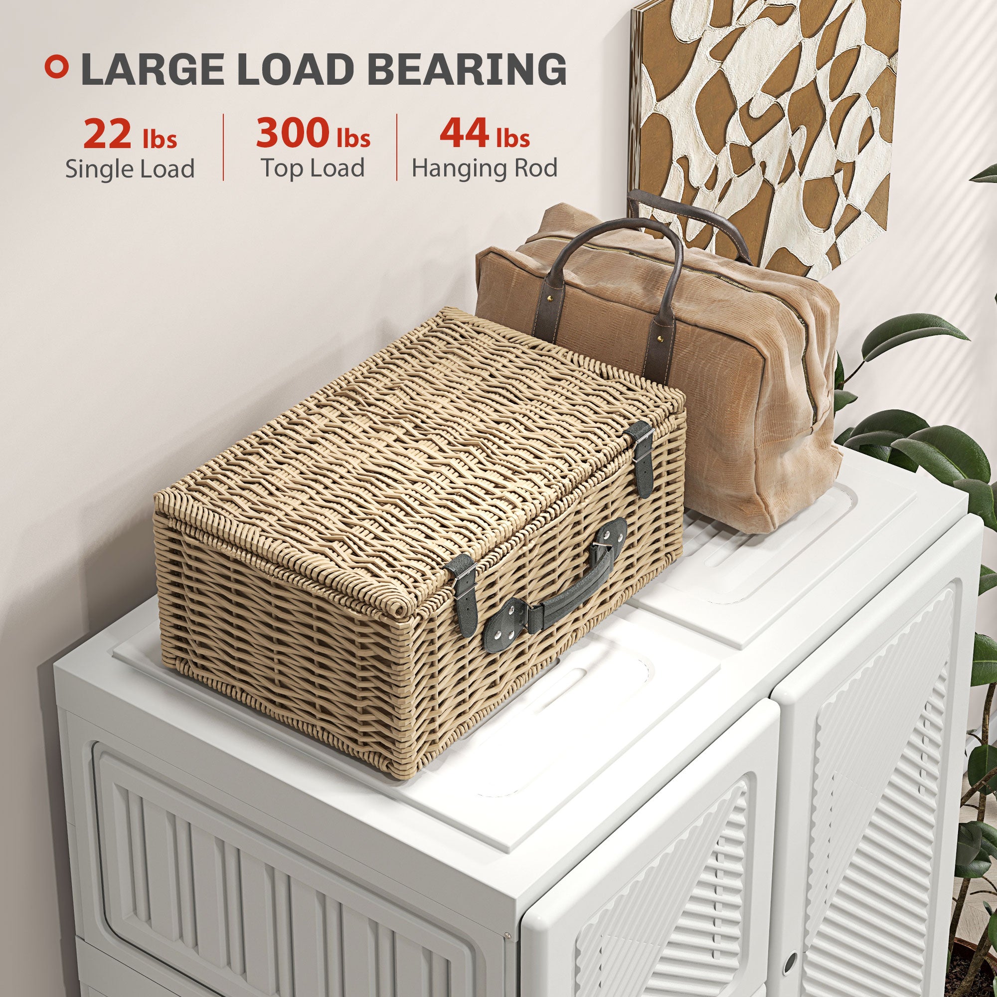 HOMCOM Portable Wardrobe Closet Cabinet Foldable Plastic Clothes Storage Organzier for Bedroom with 5 Cube Compartments & 2 Hanging Rods Magnet Doors Easy Assembly White