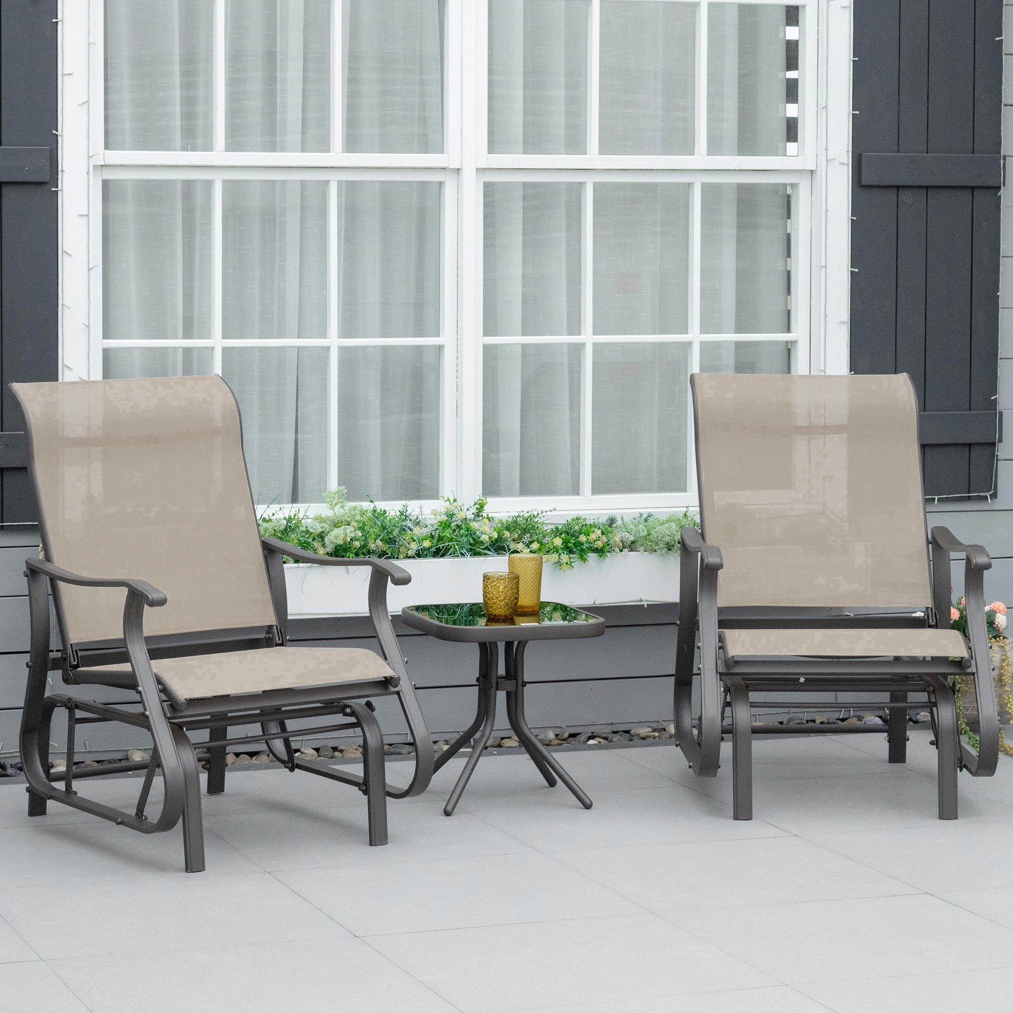 Outsunny 3PCs Glider Rocking Chairs with Table, Outdoor Gliders with Steel Frame, Mesh Seat, Tempered Glass Table Top for Patio, Garden, Backyard, Deck, Porch, Dark Grey