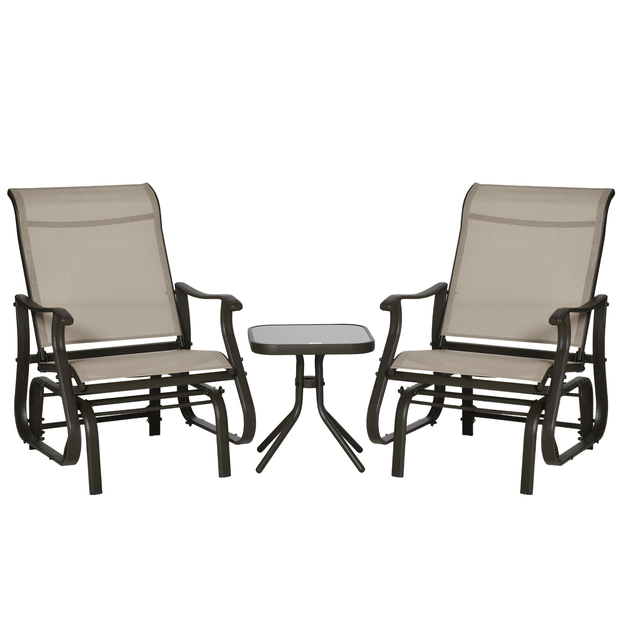 Outsunny 3PCs Glider Rocking Chairs with Table, Outdoor Gliders with Steel Frame, Mesh Seat, Tempered Glass Table Top for Patio, Garden, Backyard, Deck, Porch, Dark Grey