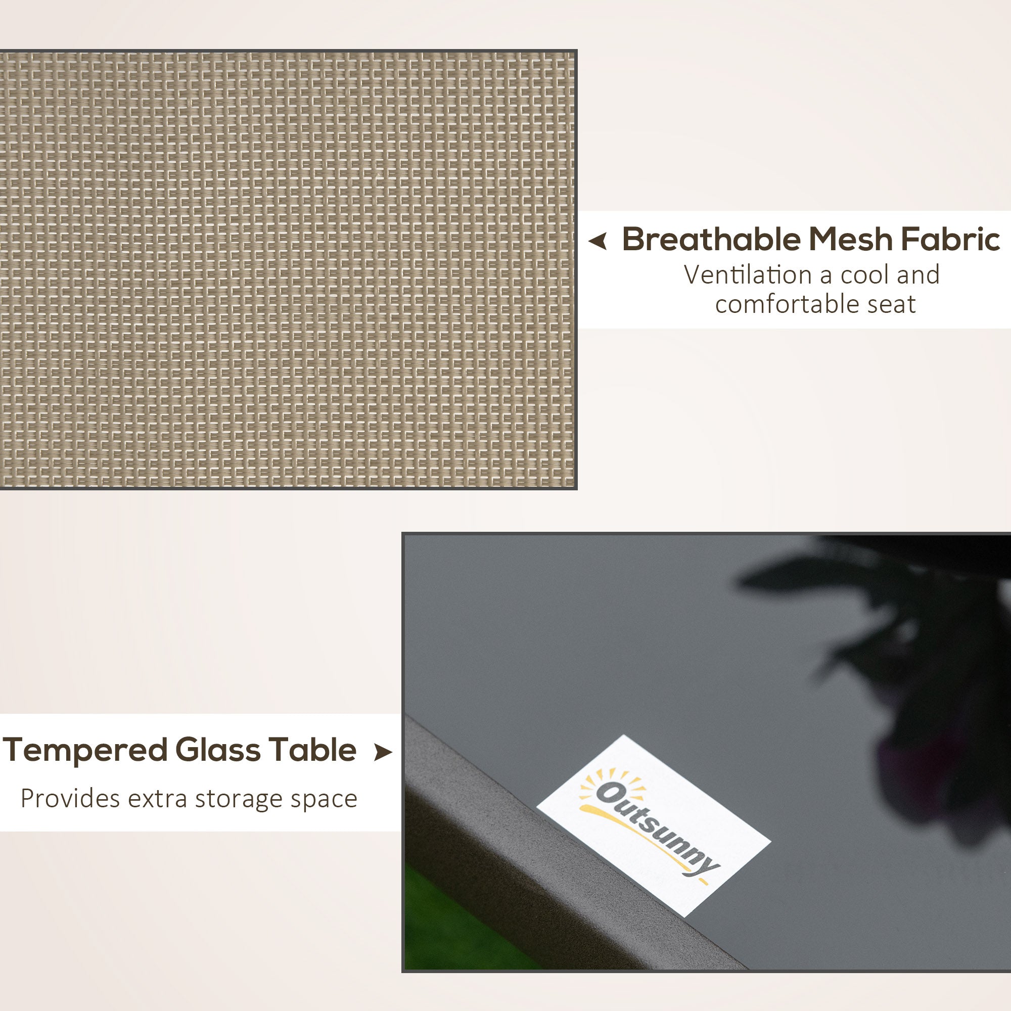 Outsunny 3PCs Glider Rocking Chairs with Table, Outdoor Gliders with Steel Frame, Mesh Seat, Tempered Glass Table Top for Patio, Garden, Backyard, Deck, Porch, Dark Grey