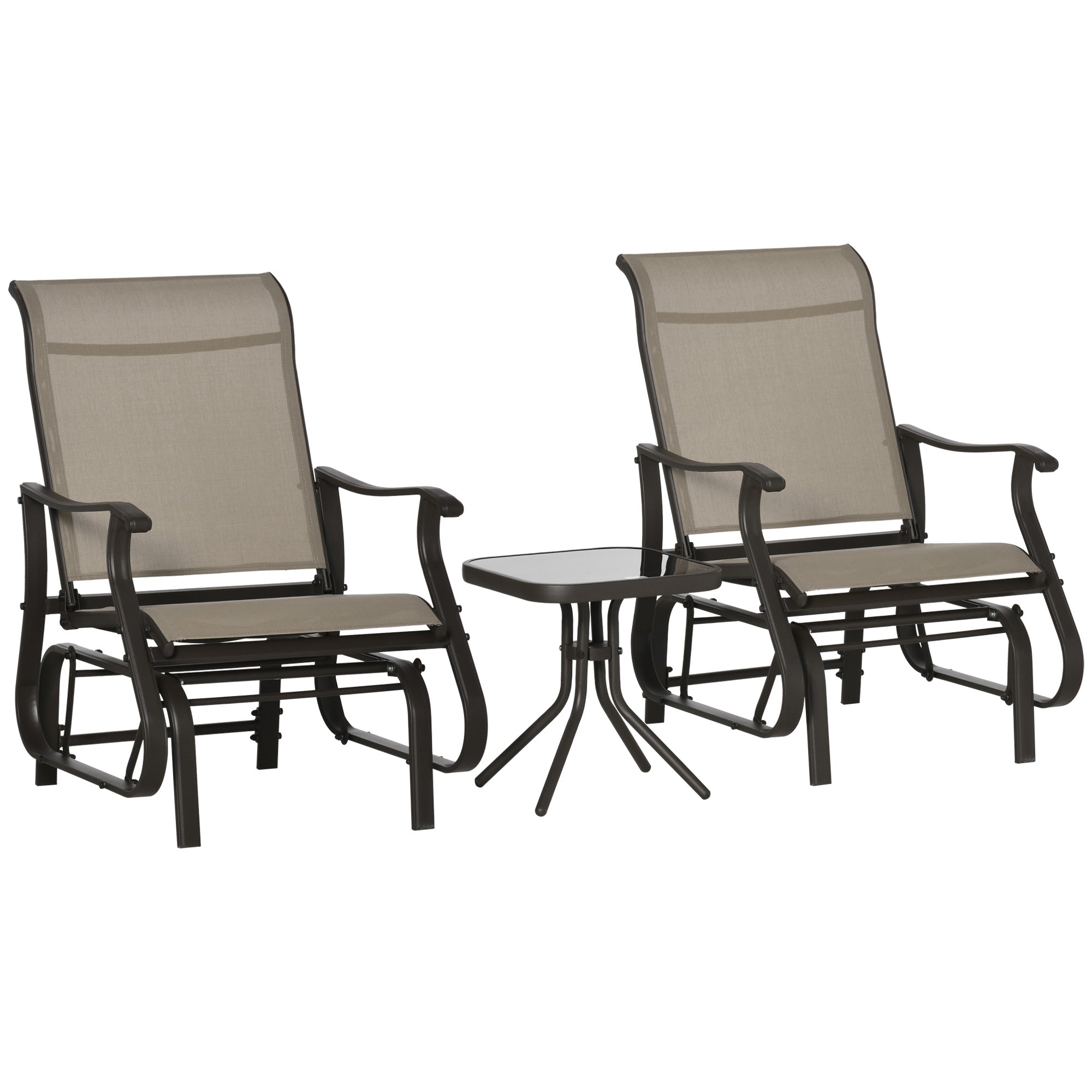 Outsunny 3PCs Glider Rocking Chairs with Table, Outdoor Gliders with Steel Frame, Mesh Seat, Tempered Glass Table Top for Patio, Garden, Backyard, Deck, Porch, Dark Grey