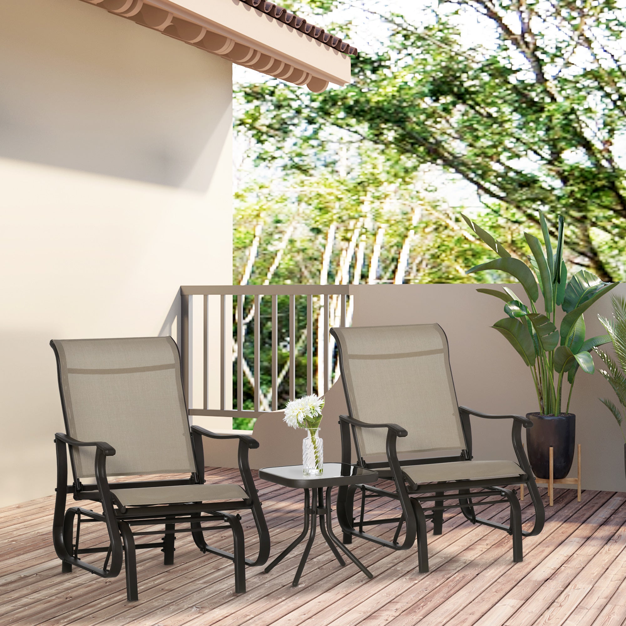 Outsunny 3PCs Glider Rocking Chairs with Table, Outdoor Gliders with Steel Frame, Mesh Seat, Tempered Glass Table Top for Patio, Garden, Backyard, Deck, Porch, Dark Grey