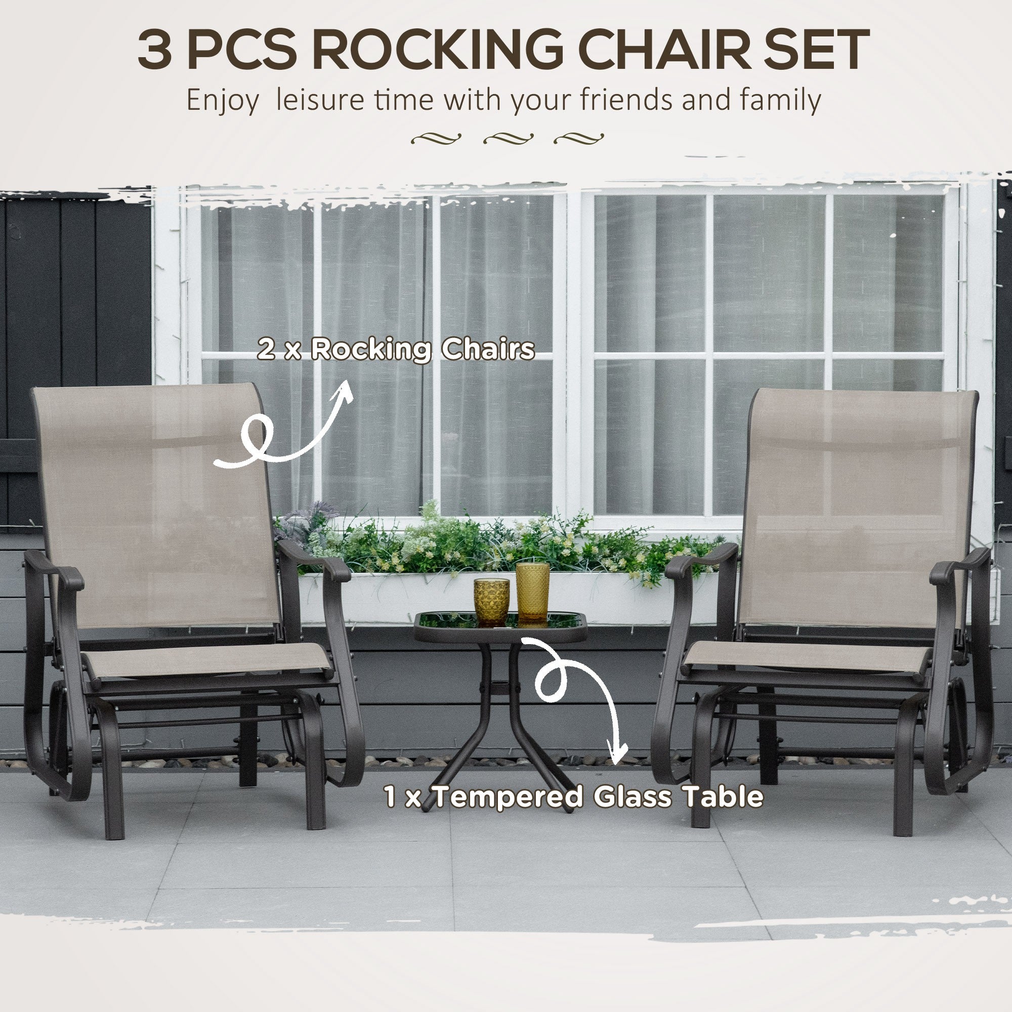 Outsunny 3PCs Glider Rocking Chairs with Table, Outdoor Gliders with Steel Frame, Mesh Seat, Tempered Glass Table Top for Patio, Garden, Backyard, Deck, Porch, Dark Grey