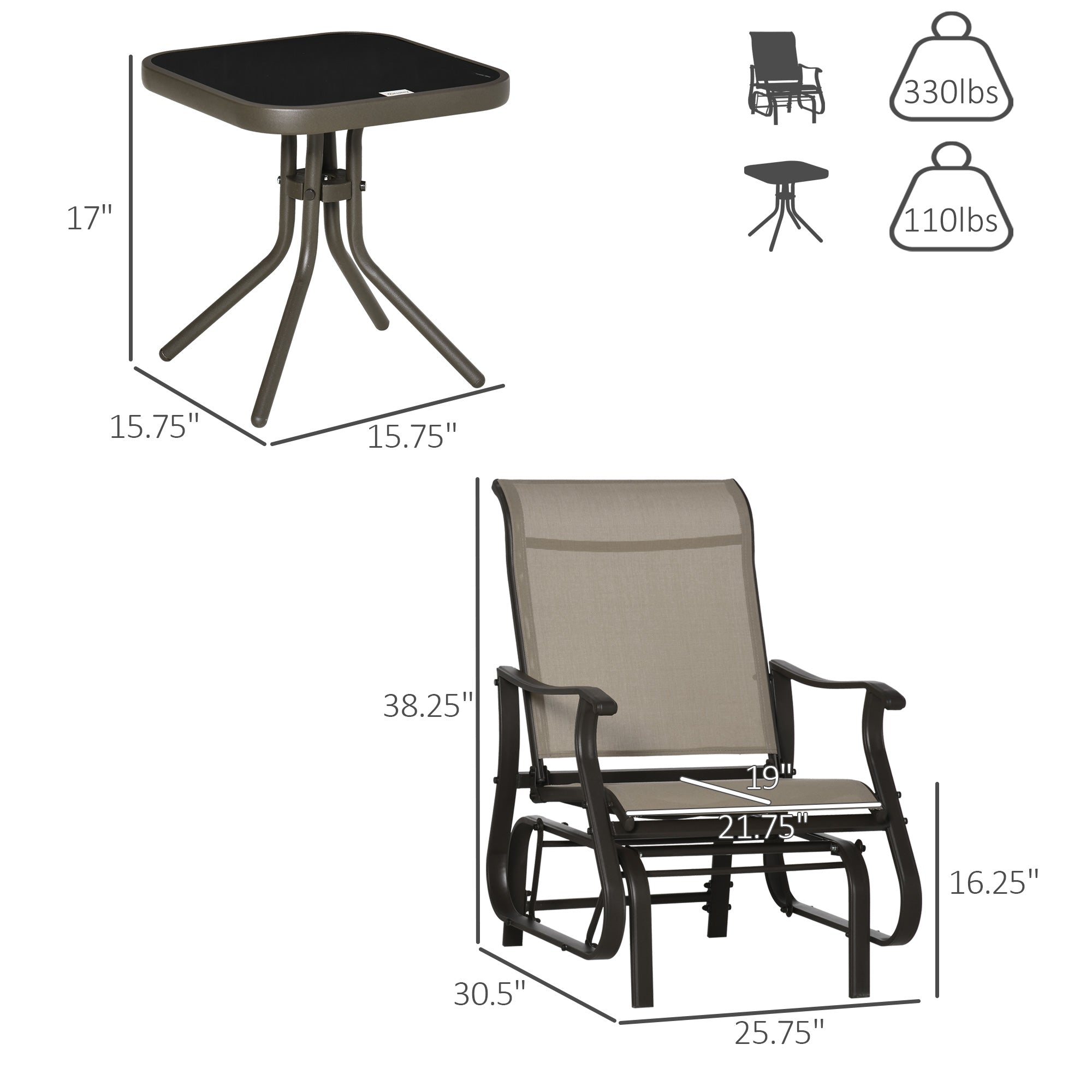 Outsunny 3PCs Glider Rocking Chairs with Table, Outdoor Gliders with Steel Frame, Mesh Seat, Tempered Glass Table Top for Patio, Garden, Backyard, Deck, Porch, Dark Grey