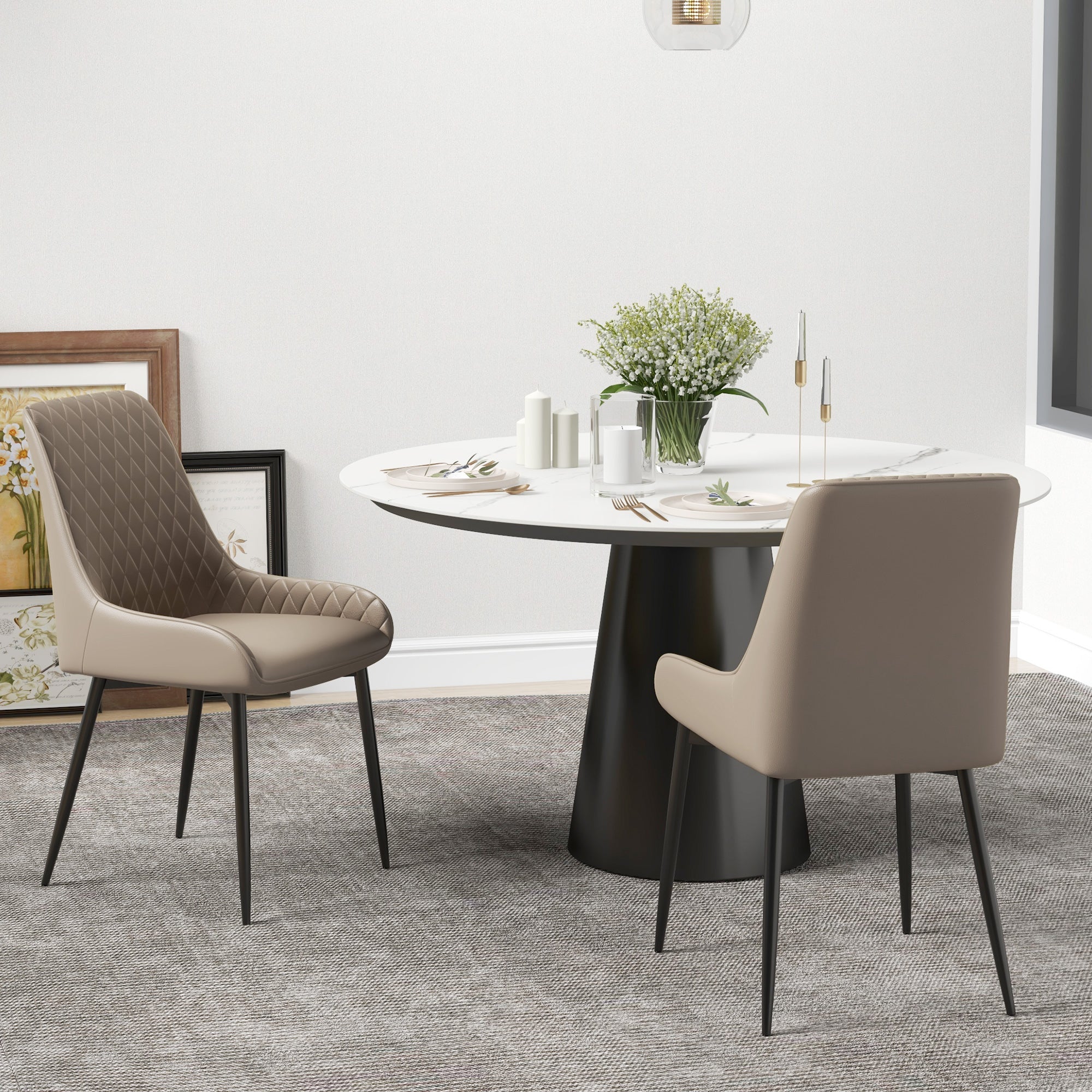 HOMCOM Dining Chairs Set of 2, Modern PU Leather Upholstered Kitchen Chairs with Diamond Tufted Backs and Steel Legs for Living Room, Dining Room, Bedroom, Khaki