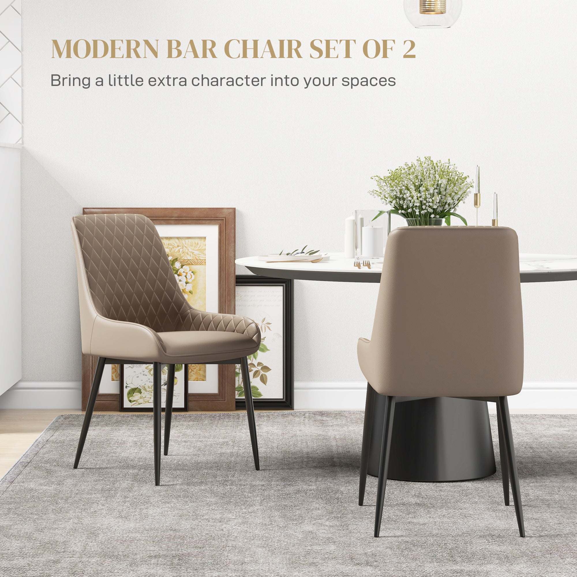 HOMCOM Dining Chairs Set of 2, Modern PU Leather Upholstered Kitchen Chairs with Diamond Tufted Backs and Steel Legs for Living Room, Dining Room, Bedroom, Khaki