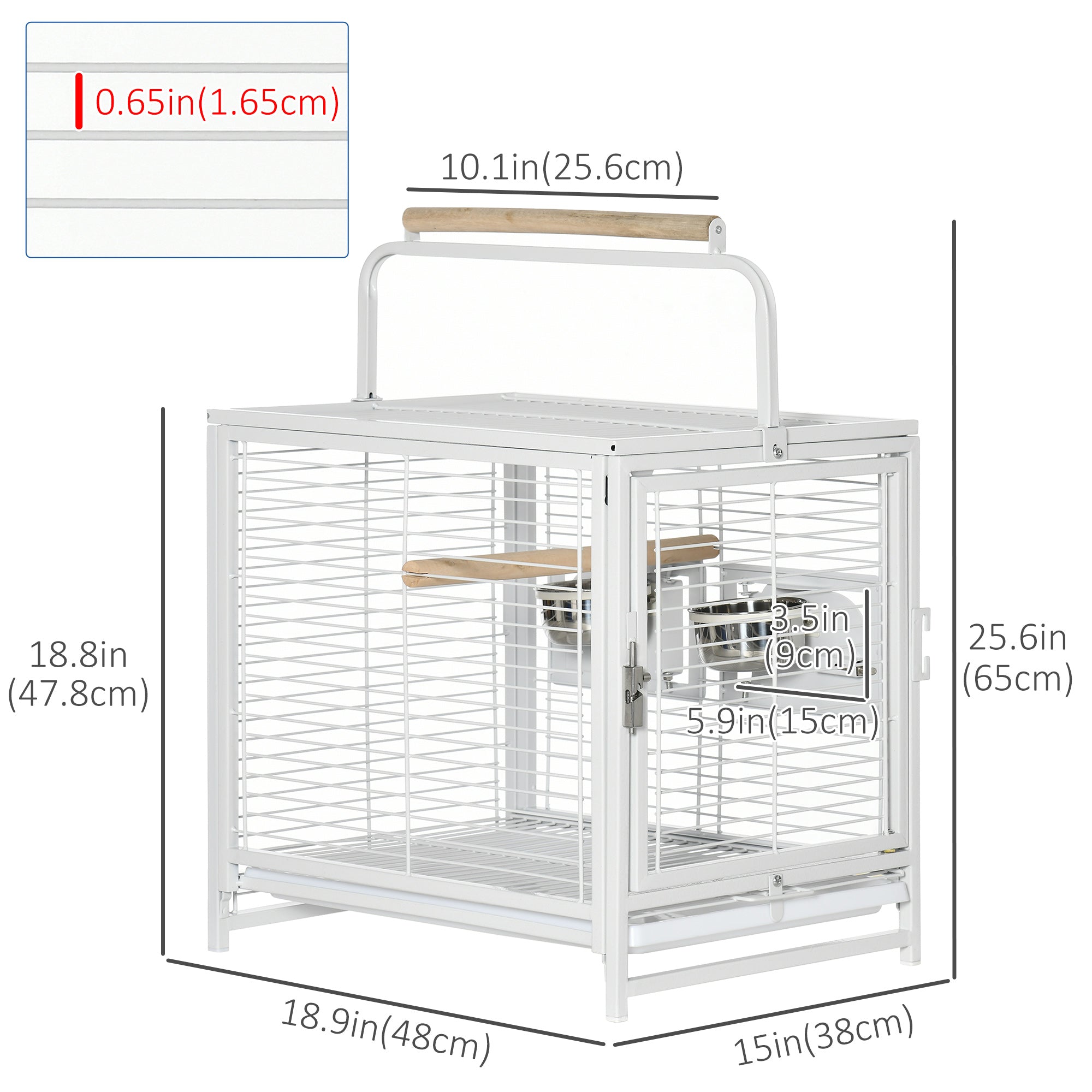 PawHut Bird Travel Carrier Cage for Parrots Conures African Grey Cockatiel Parakeets with Stand Perch, Stainless Steel Bowls, Pull Out Tray, White