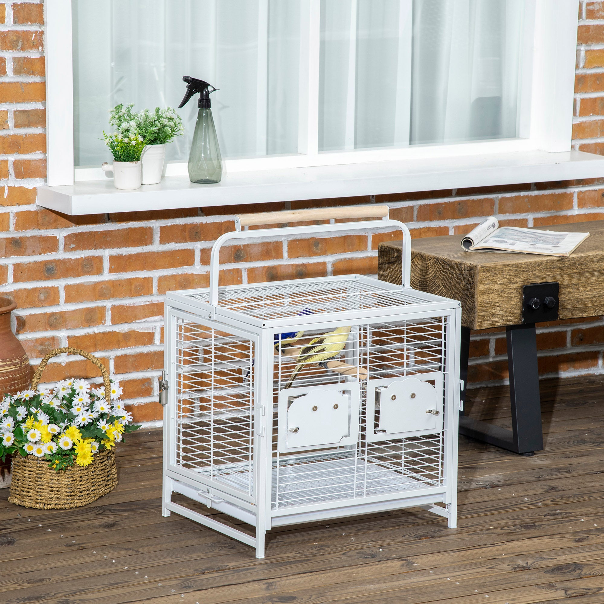 PawHut Bird Travel Carrier Cage for Parrots Conures African Grey Cockatiel Parakeets with Stand Perch, Stainless Steel Bowls, Pull Out Tray, White