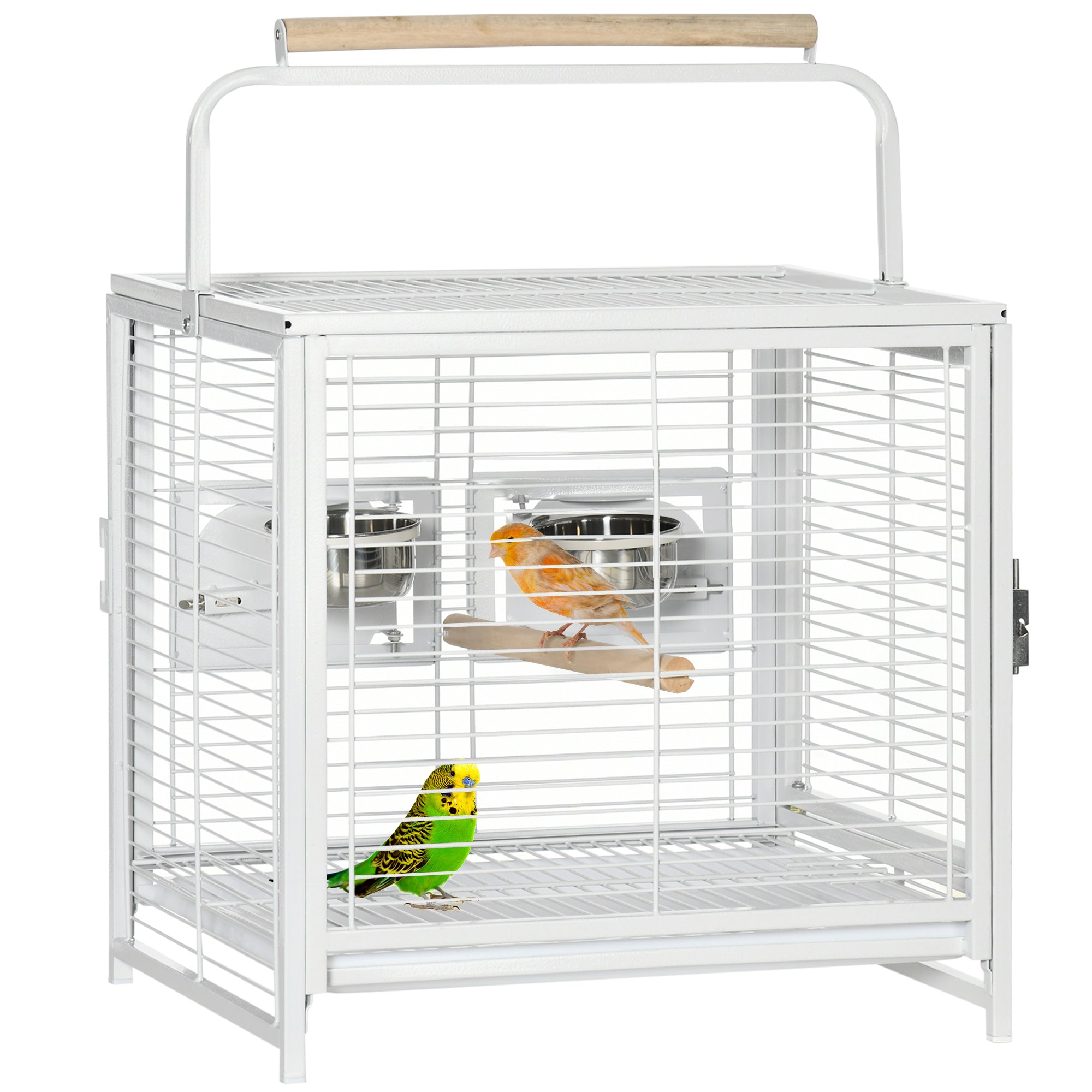 PawHut Bird Travel Carrier Cage for Parrots Conures African Grey Cockatiel Parakeets with Stand Perch, Stainless Steel Bowls, Pull Out Tray, White