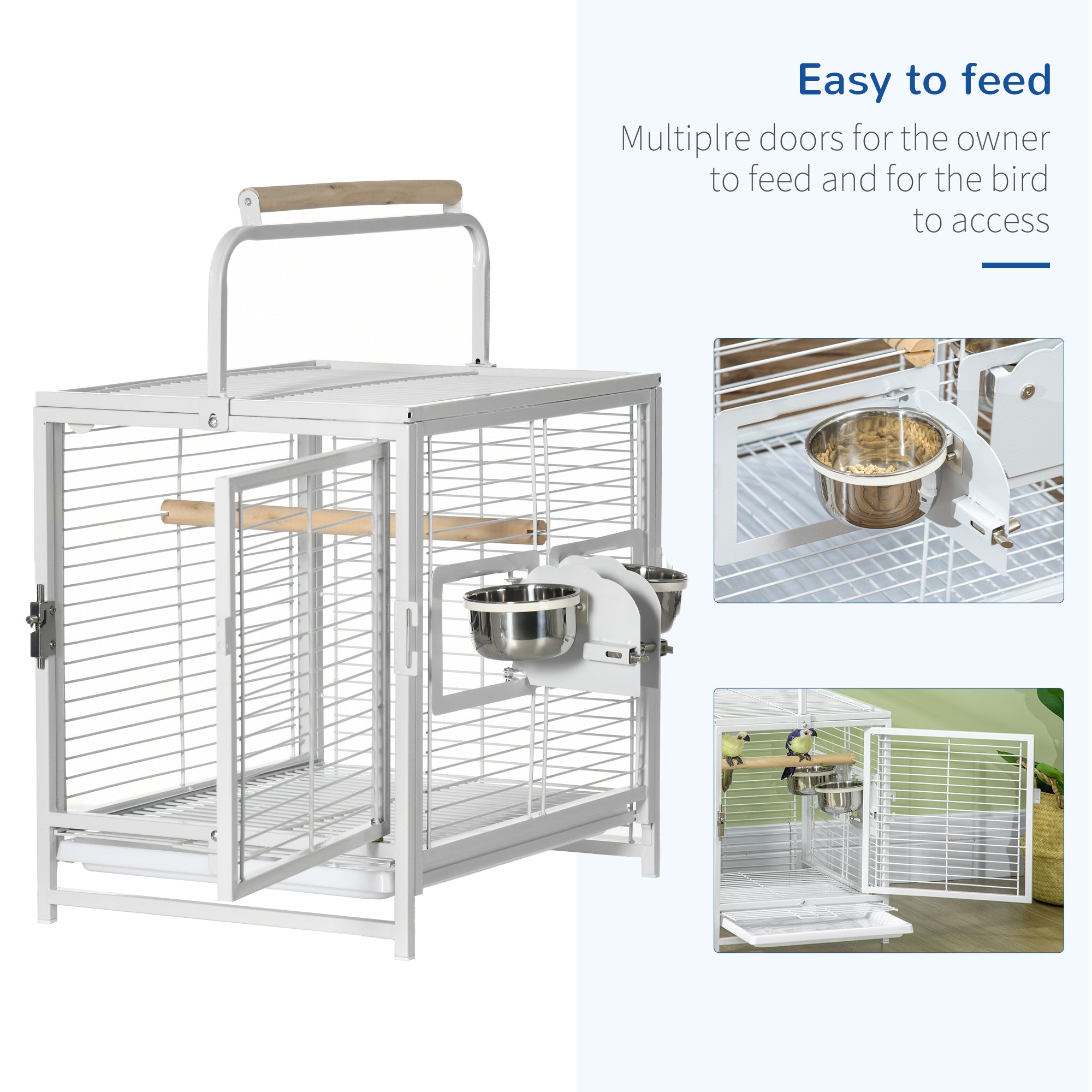 PawHut Bird Travel Carrier Cage for Parrots Conures African Grey Cockatiel Parakeets with Stand Perch, Stainless Steel Bowls, Pull Out Tray, White