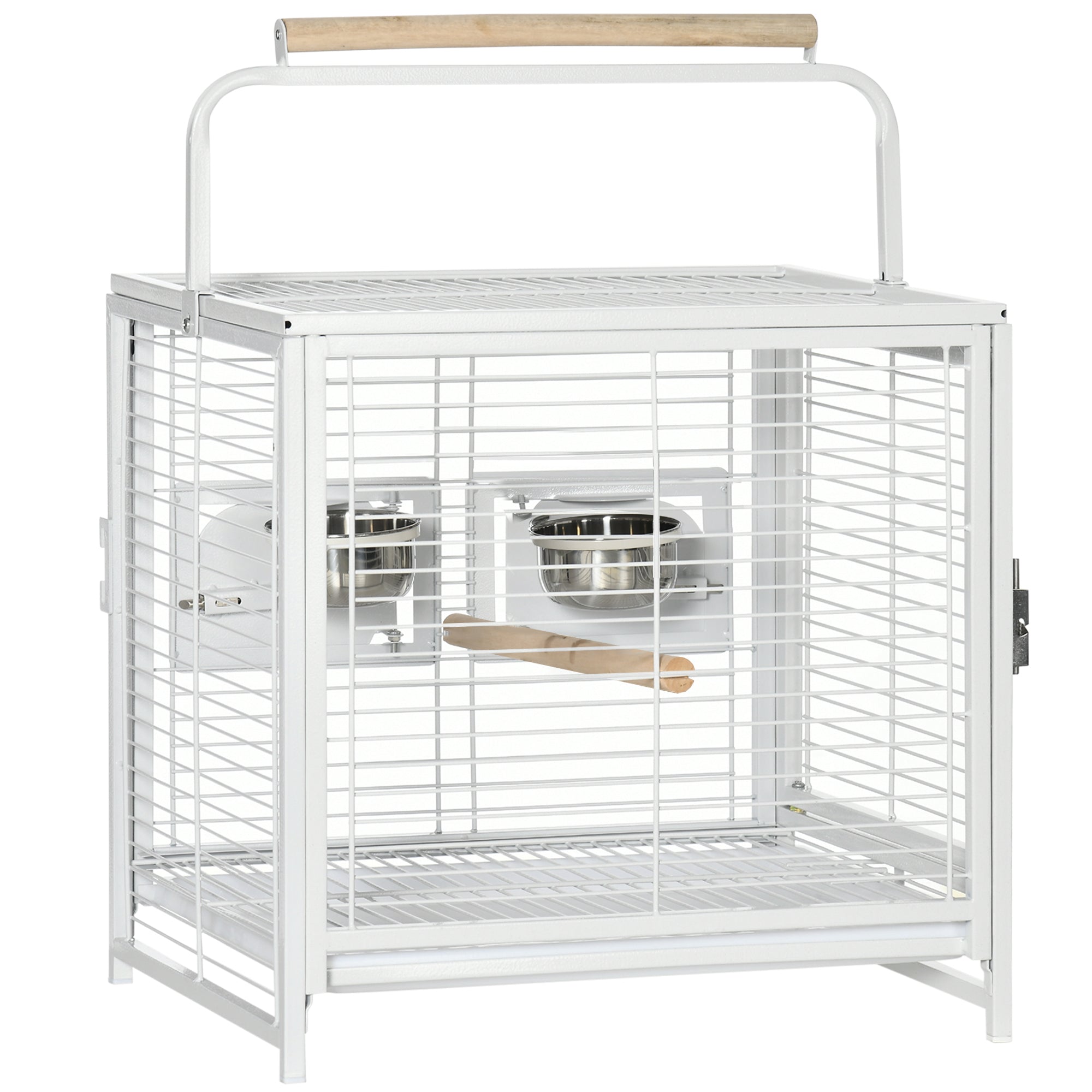 PawHut Bird Travel Carrier Cage for Parrots Conures African Grey Cockatiel Parakeets with Stand Perch, Stainless Steel Bowls, Pull Out Tray, White