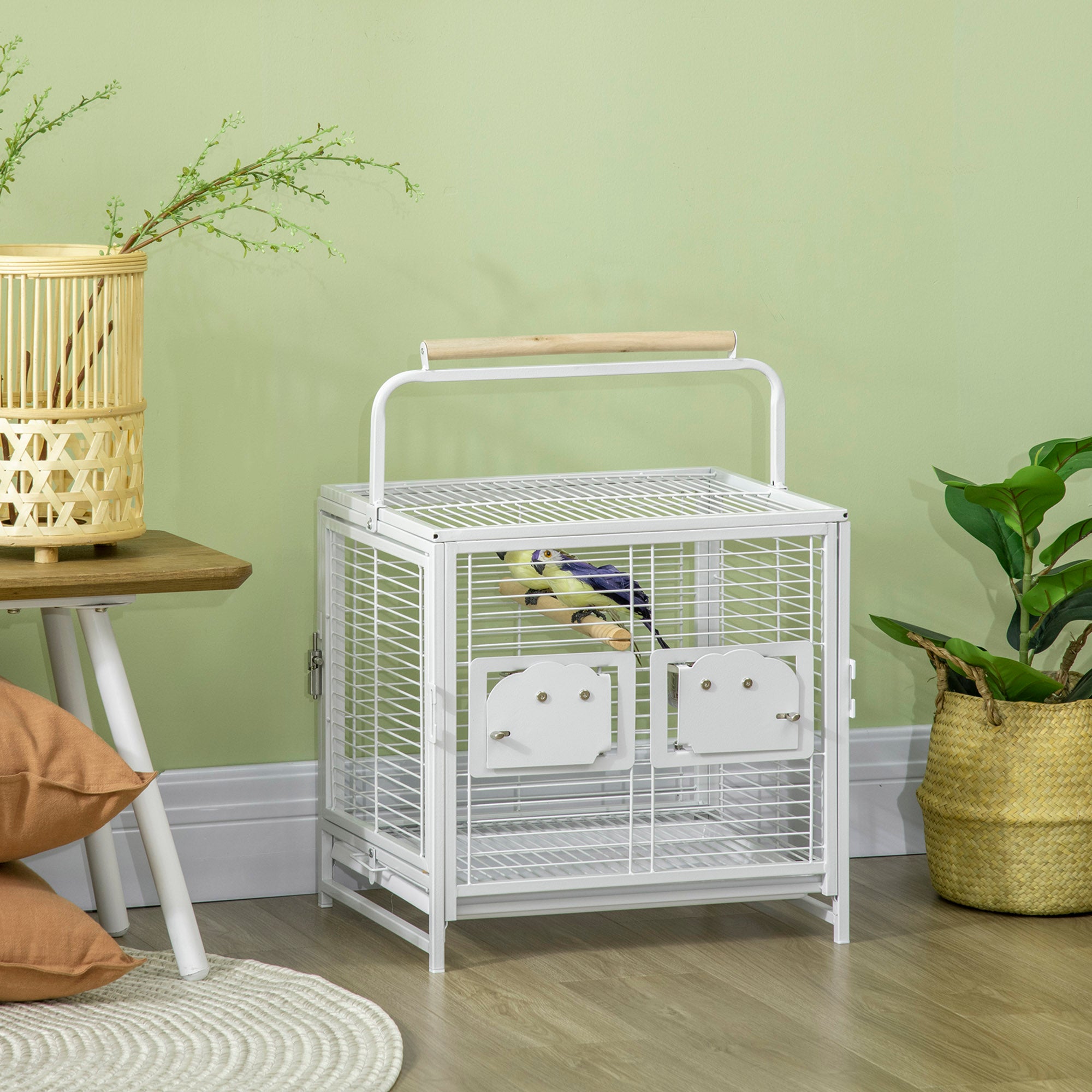 PawHut Bird Travel Carrier Cage for Parrots Conures African Grey Cockatiel Parakeets with Stand Perch, Stainless Steel Bowls, Pull Out Tray, White