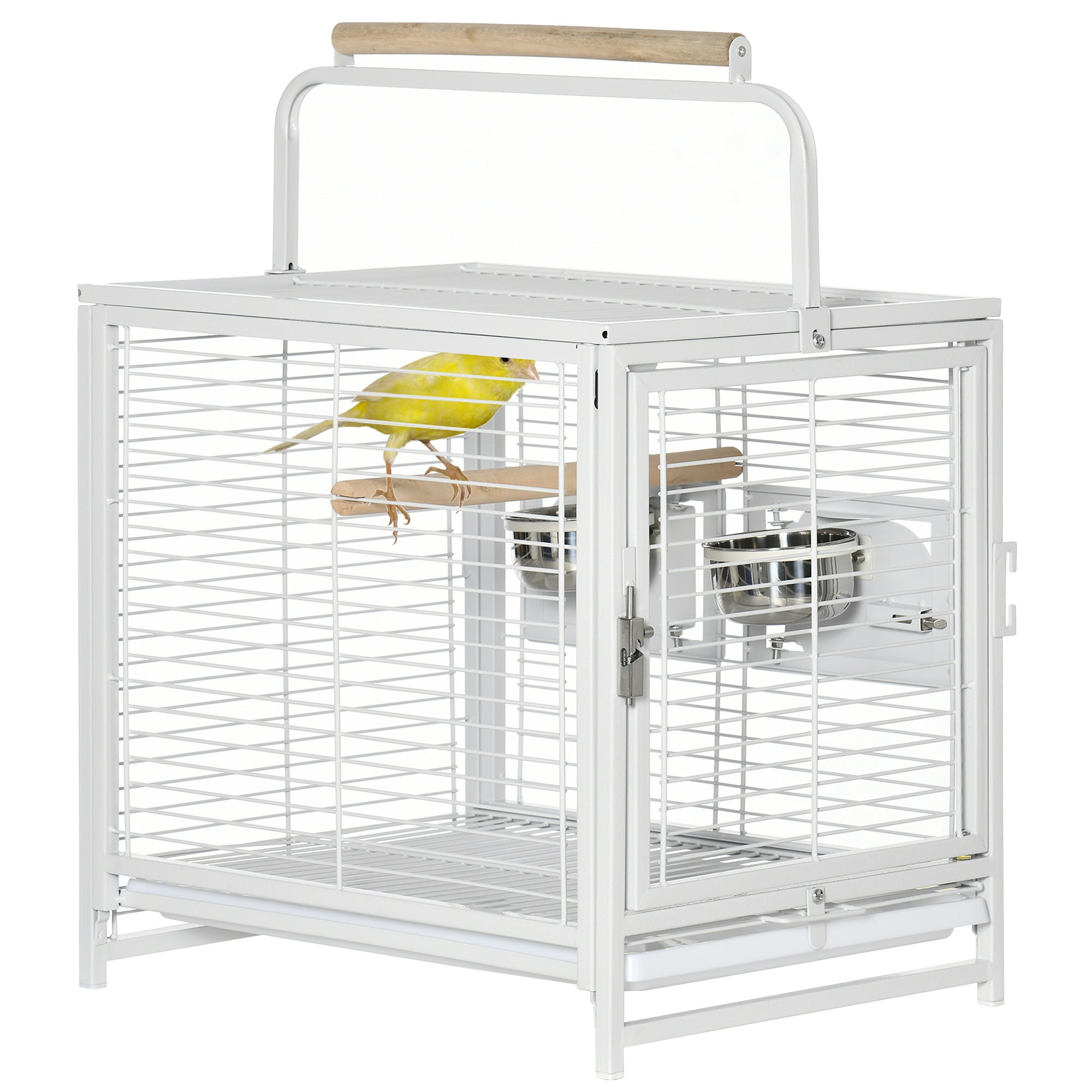 PawHut Bird Travel Carrier Cage for Parrots Conures African Grey Cockatiel Parakeets with Stand Perch, Stainless Steel Bowls, Pull Out Tray, White
