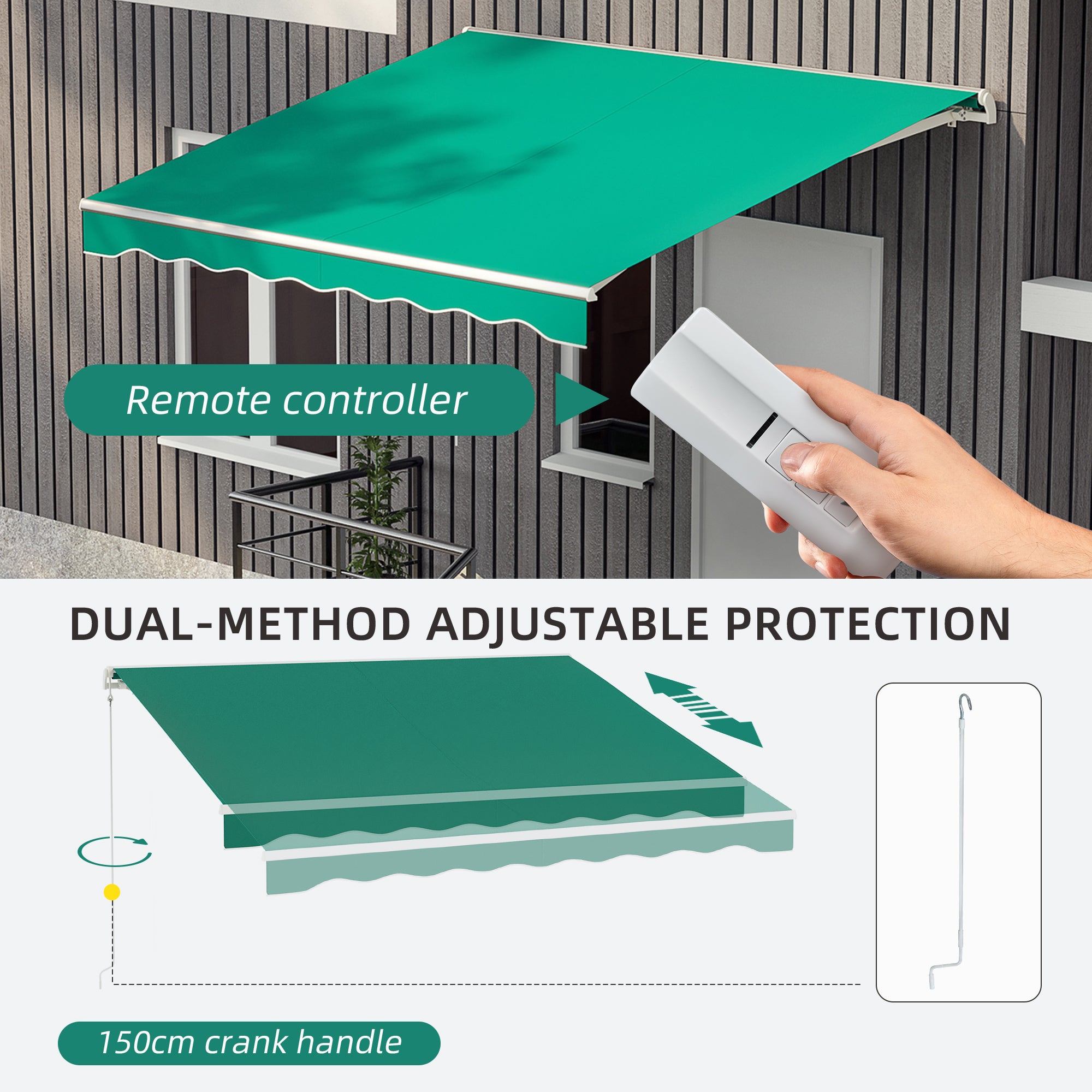 Outsunny 10' x 8' Electric Awning, Retractable Awning Sun Shade Shelter with Remote Controller, Manual Crank Handle and Aluminum Frame, for Deck, Balcony, Yard, Green