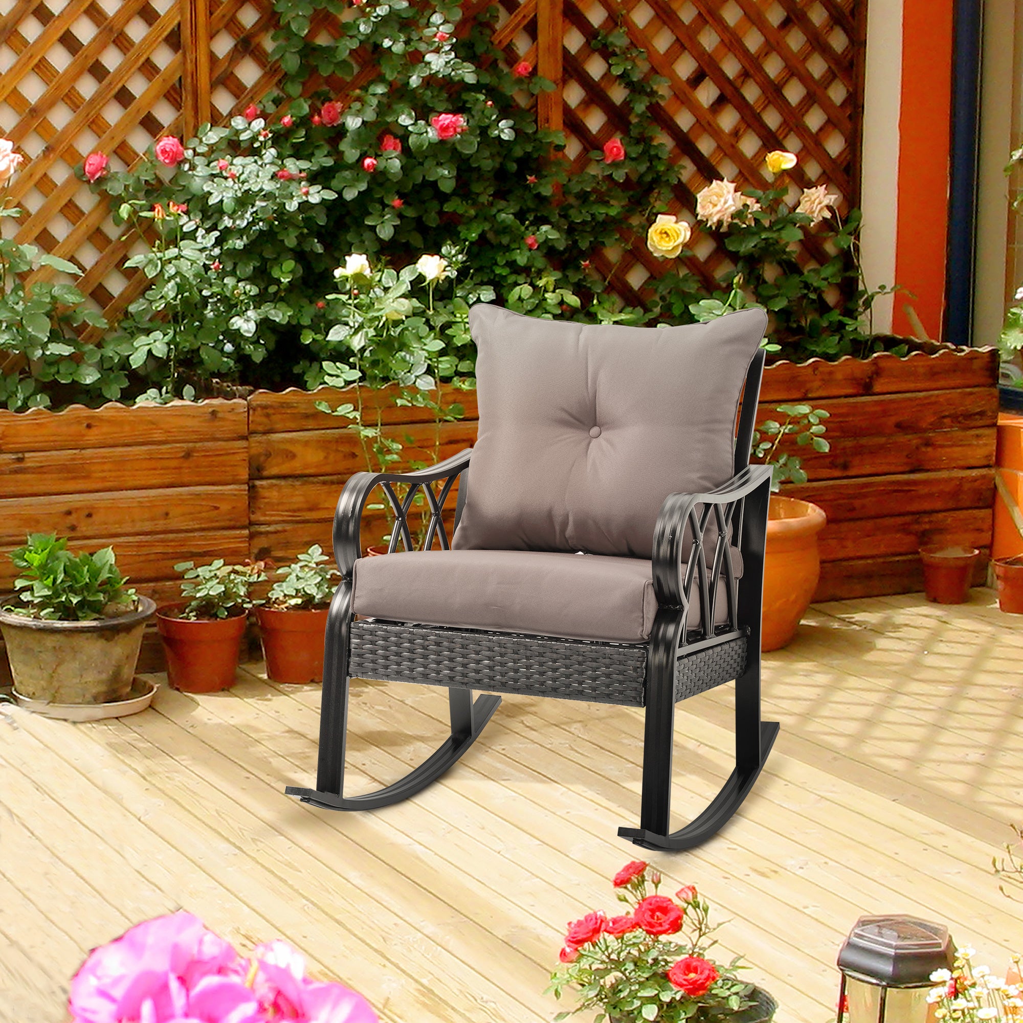 Outsunny Outdoor Wicker Rocking Chair with Padded Cushions, Aluminum Furniture Rattan Porch Rocker Chair w/ Armrest for Garden, Patio, and Backyard, Grey