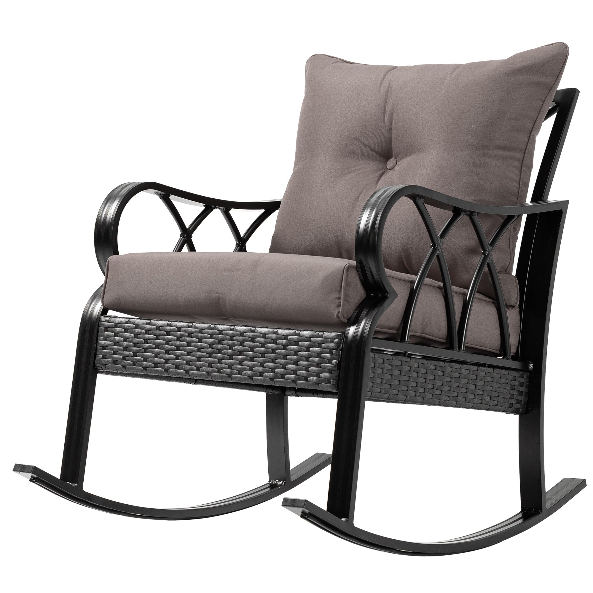 Outsunny Outdoor Wicker Rocking Chair with Padded Cushions, Aluminum Furniture Rattan Porch Rocker Chair w/ Armrest for Garden, Patio, and Backyard, Grey
