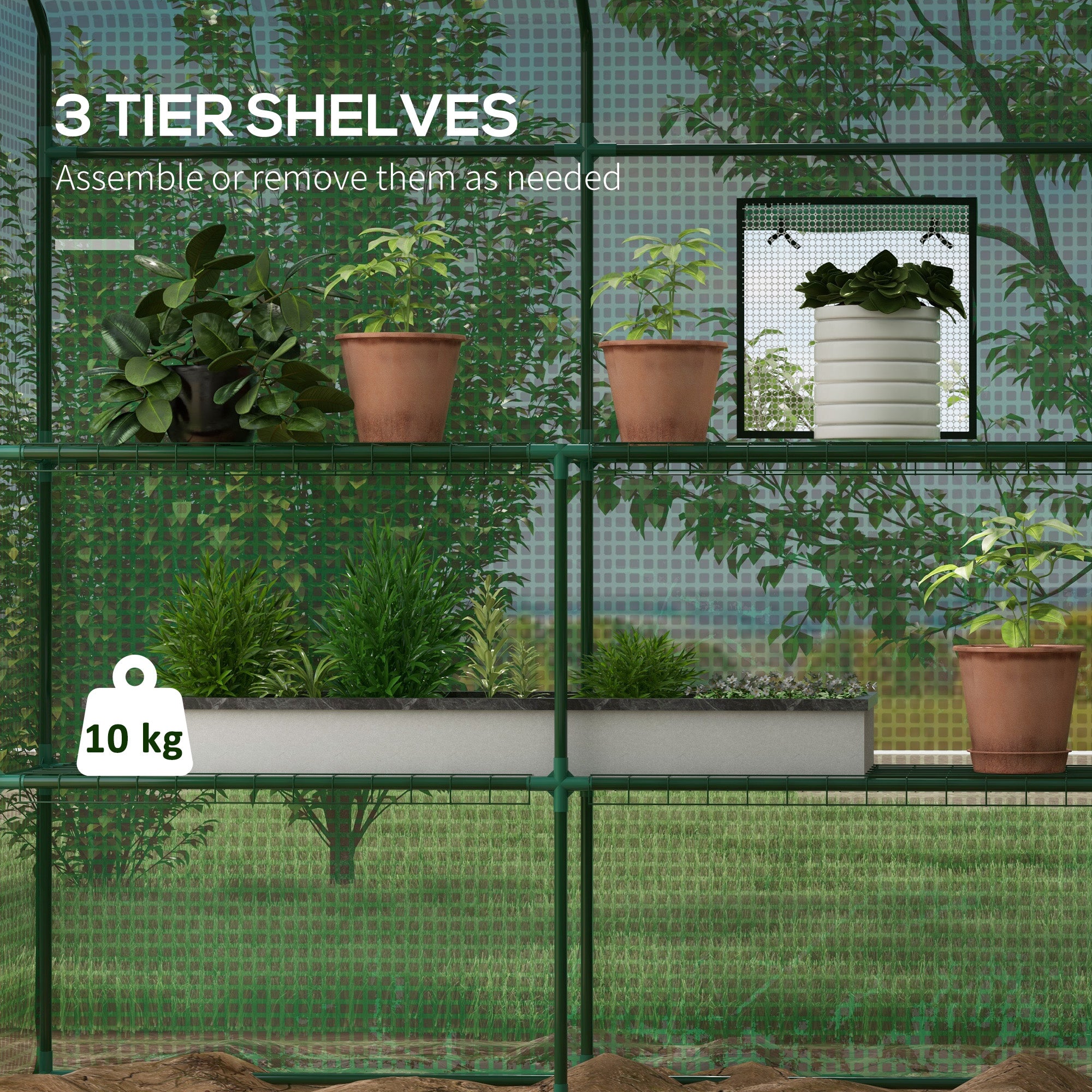 Outsunny 4.6' x 4.7' x 6.2' Walk-in Greenhouse with 3 Tier 8 Shelves, Outdoor Green House with Reinforced PE Cover, Garden Plant Grow Hot House Roll-up Door and Mesh Windows, Green