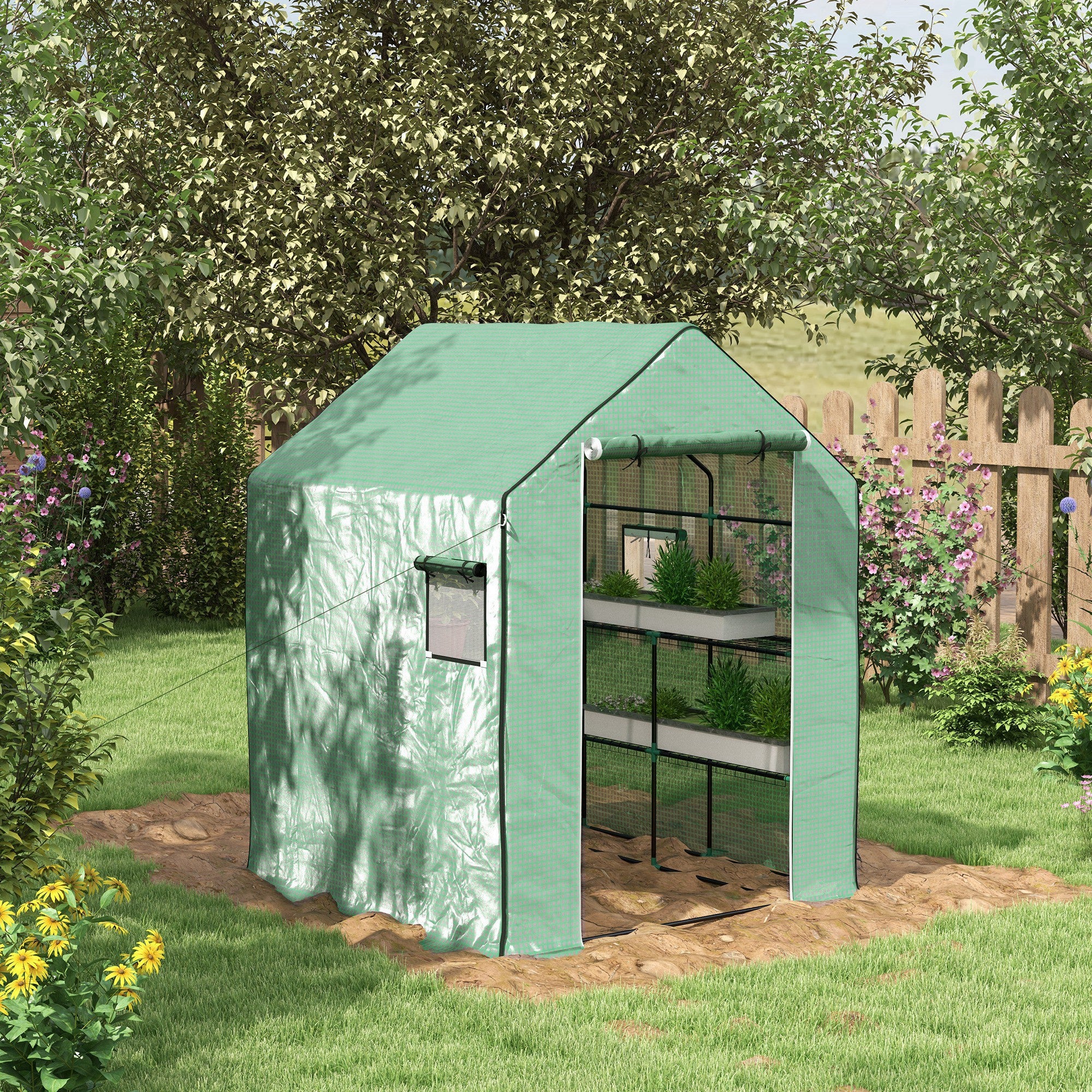 Outsunny 4.6' x 4.7' x 6.2' Walk-in Greenhouse with 3 Tier 8 Shelves, Outdoor Green House with Reinforced PE Cover, Garden Plant Grow Hot House Roll-up Door and Mesh Windows, Green