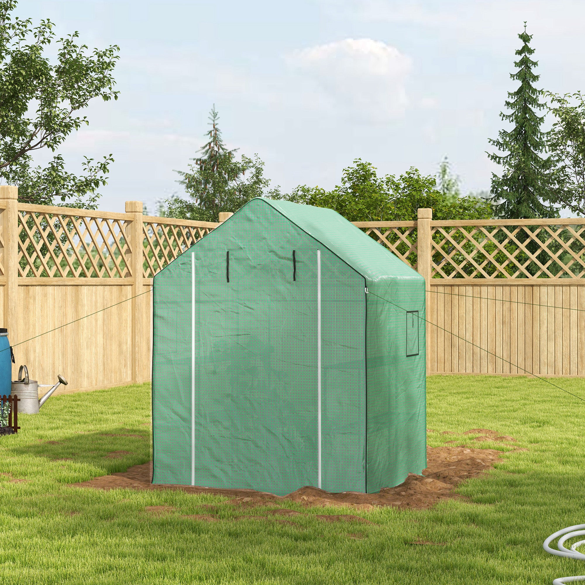 Outsunny 4.6' x 4.7' x 6.2' Walk-in Greenhouse with 3 Tier 8 Shelves, Outdoor Green House with Reinforced PE Cover, Garden Plant Grow Hot House Roll-up Door and Mesh Windows, Green