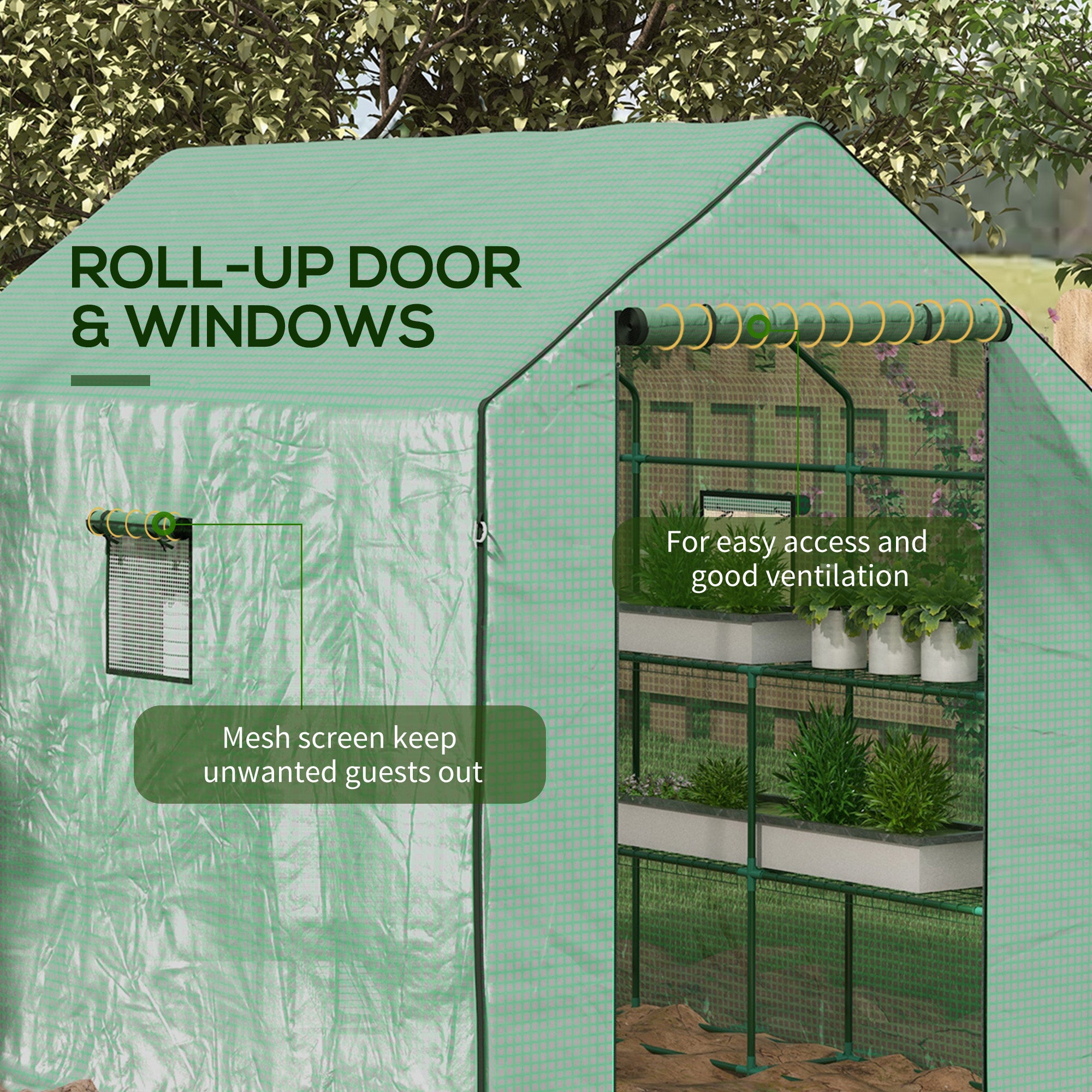 Outsunny 4.6' x 4.7' x 6.2' Walk-in Greenhouse with 3 Tier 8 Shelves, Outdoor Green House with Reinforced PE Cover, Garden Plant Grow Hot House Roll-up Door and Mesh Windows, Green