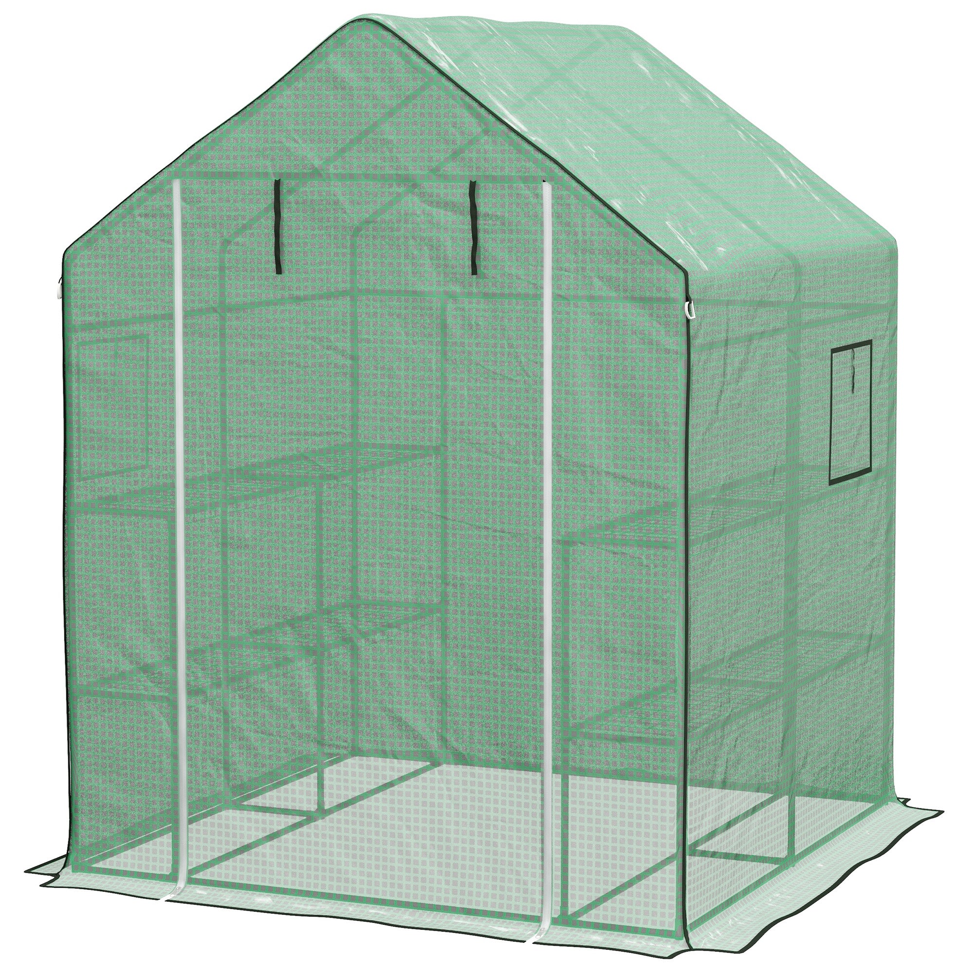 Outsunny 4.6' x 4.7' x 6.2' Walk-in Greenhouse with 3 Tier 8 Shelves, Outdoor Green House with Reinforced PE Cover, Garden Plant Grow Hot House Roll-up Door and Mesh Windows, Green