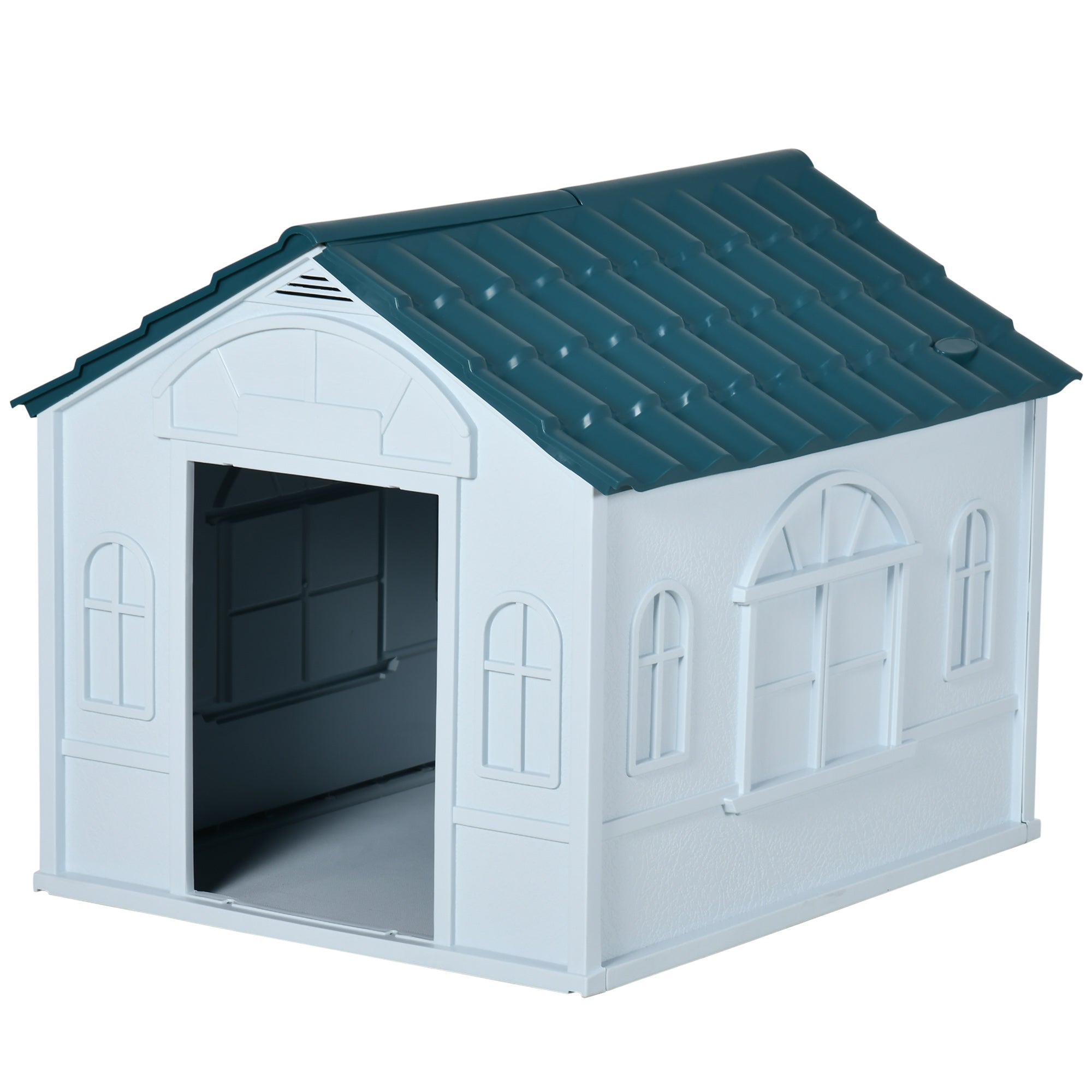 PawHut Plastic Dog House Outdoor Indoor, Weather-Resistant Dog Kennel, with Large Opening, for Medium Dogs, 65 x 75.7 x 63cm - White and Blue
