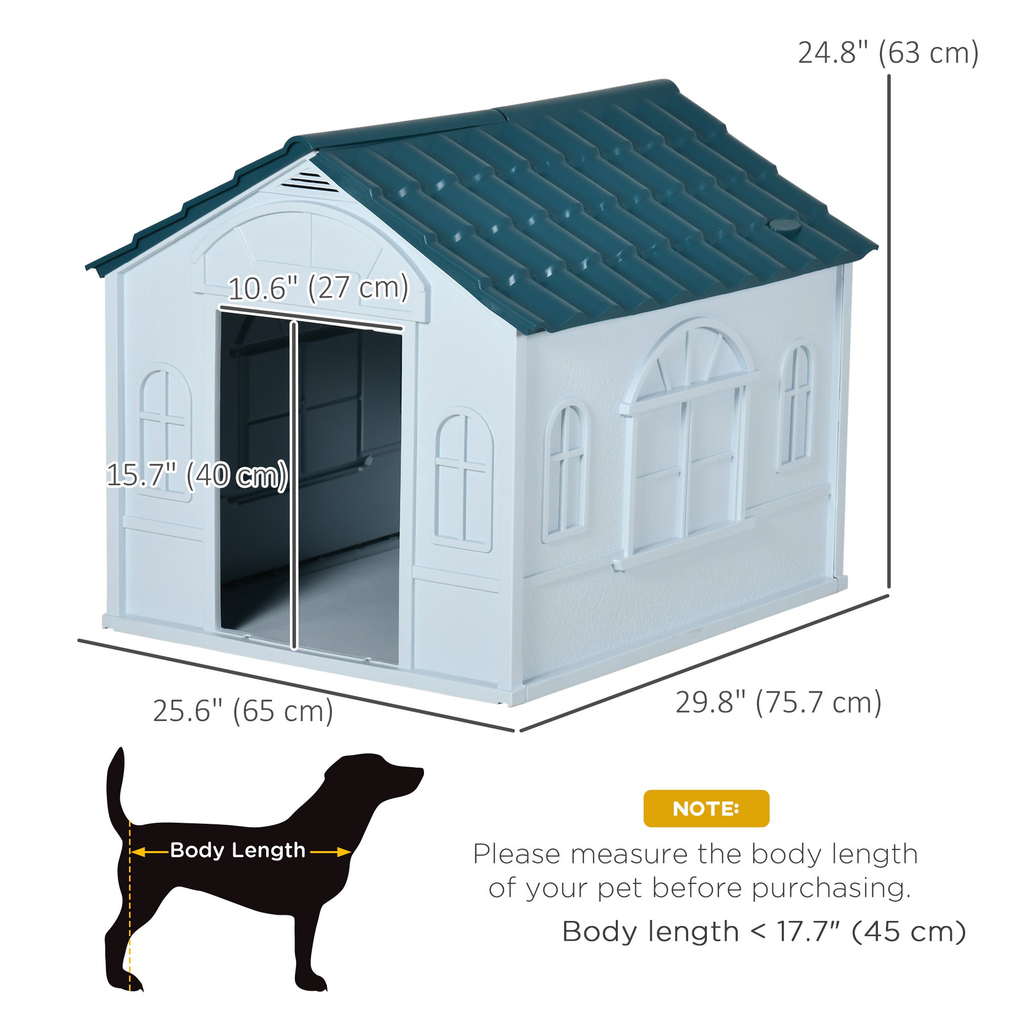 PawHut 26" Plastic Dog House Outdoor, Waterproof Dog Kennel with Air Vents, Pet Shelter for Small Medium Dogs, Blue
