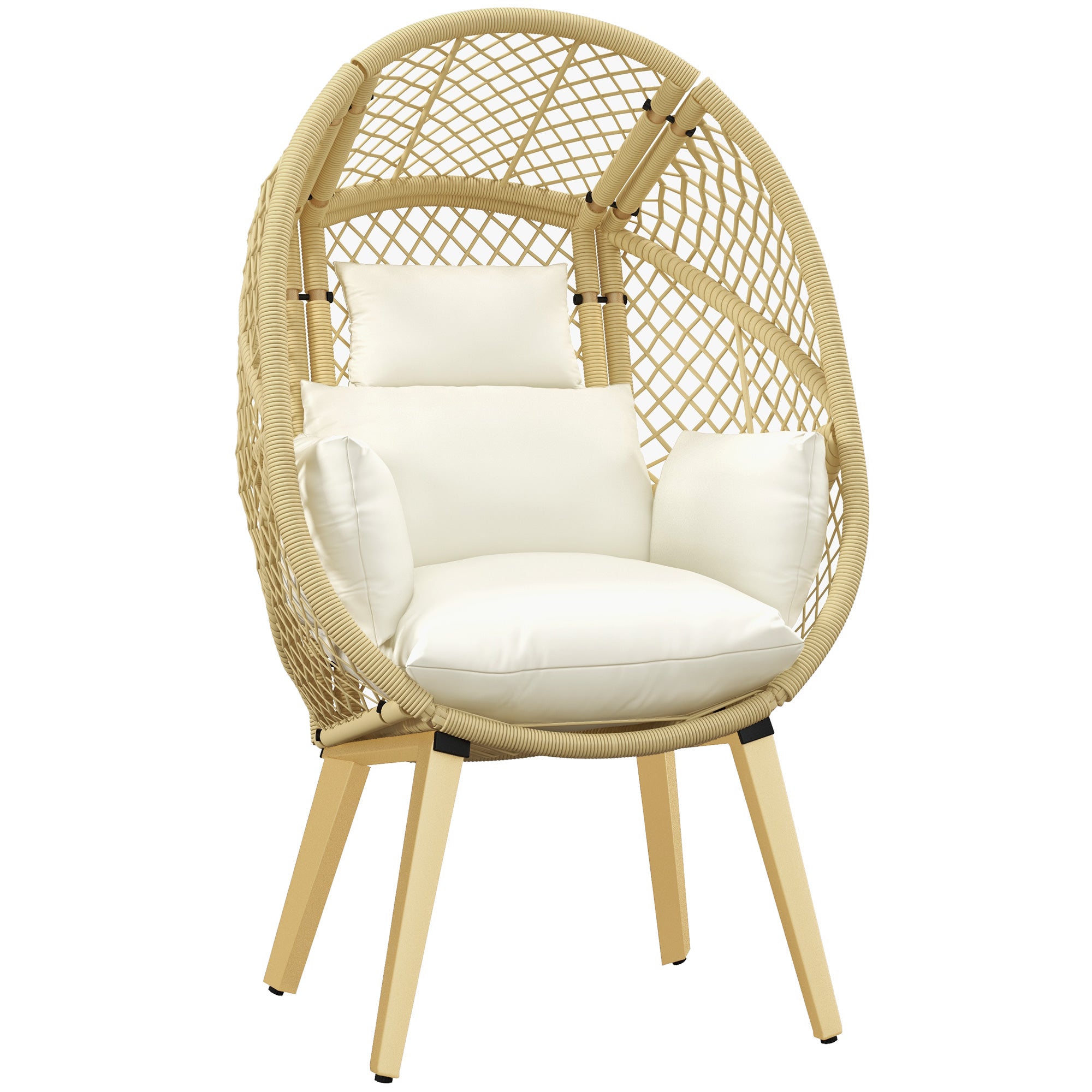 Outsunny PE Rattan Egg Chair with Cushion, Outdoor Patio Furniture with Soft Padded Headrest, Adjustable Feet, Metal Frame, 34.6" x 33.5" x 56.3", Cream White