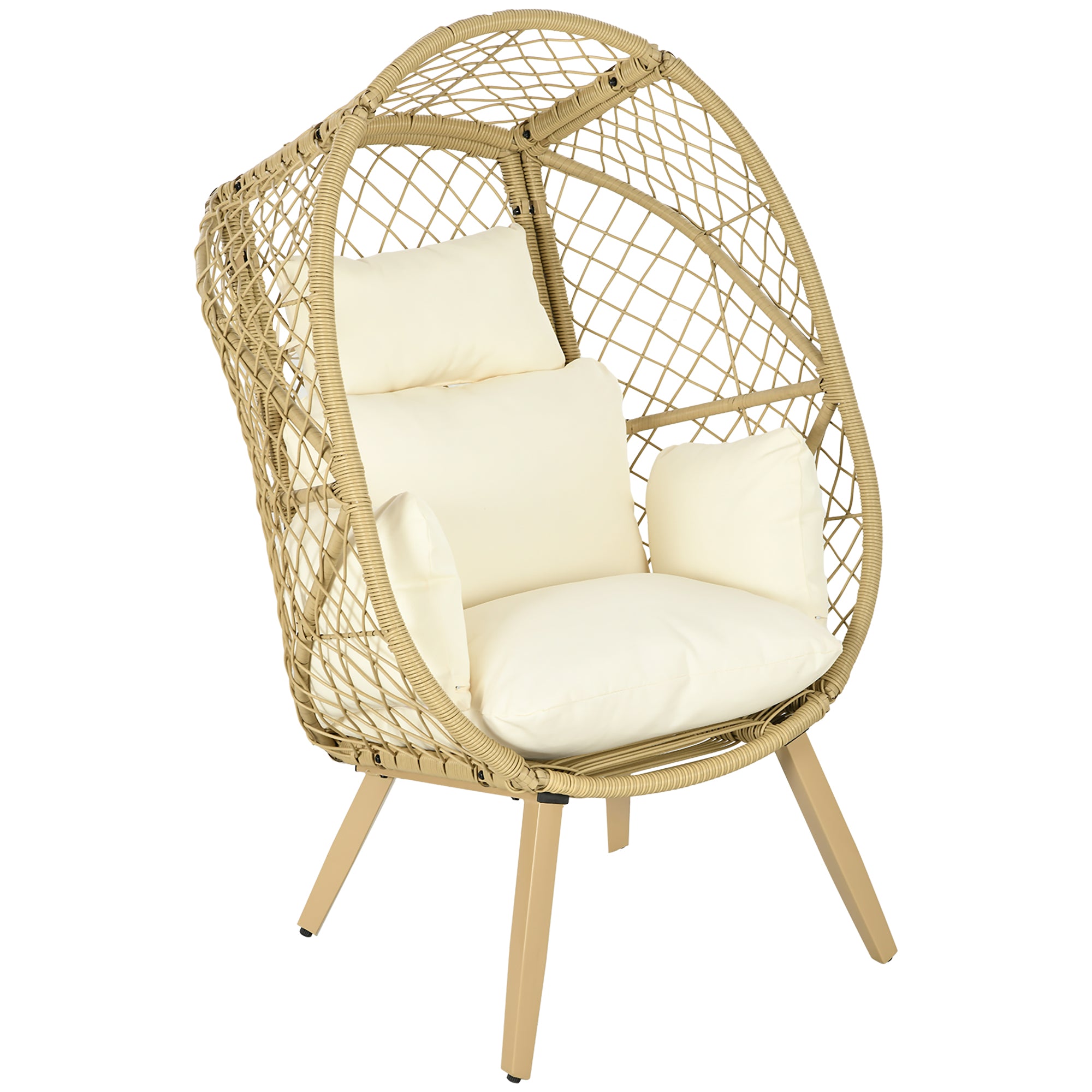 Outsunny PE Rattan Egg Chair with Cushion, Outdoor Patio Furniture with Soft Padded Headrest, Adjustable Feet, Metal Frame, 34.6" x 33.5" x 56.3", Cream White