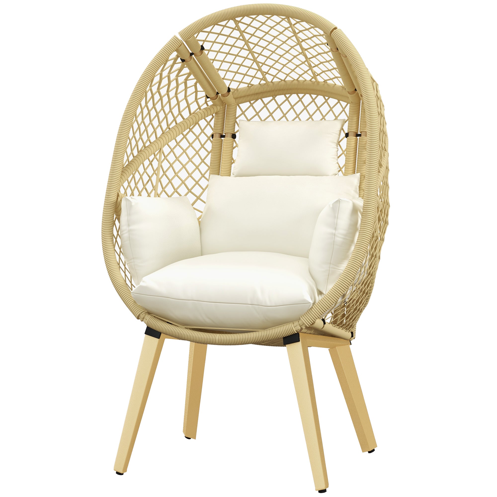 Outsunny PE Rattan Egg Chair with Cushion, Outdoor Patio Furniture with Soft Padded Headrest, Adjustable Feet, Metal Frame, 34.6" x 33.5" x 56.3", Cream White