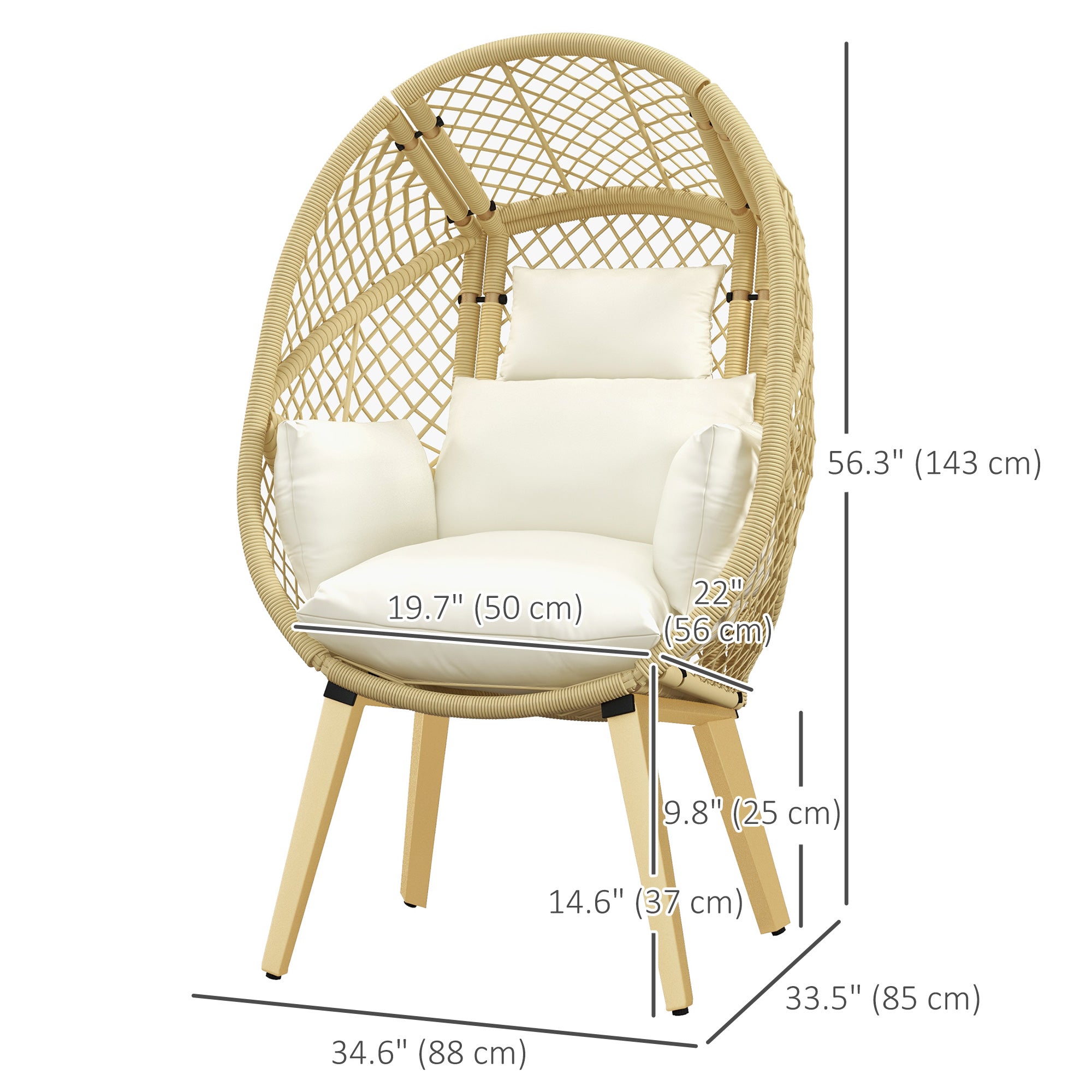 Outsunny PE Rattan Egg Chair with Cushion, Outdoor Patio Furniture with Soft Padded Headrest, Adjustable Feet, Metal Frame, 34.6" x 33.5" x 56.3", Cream White