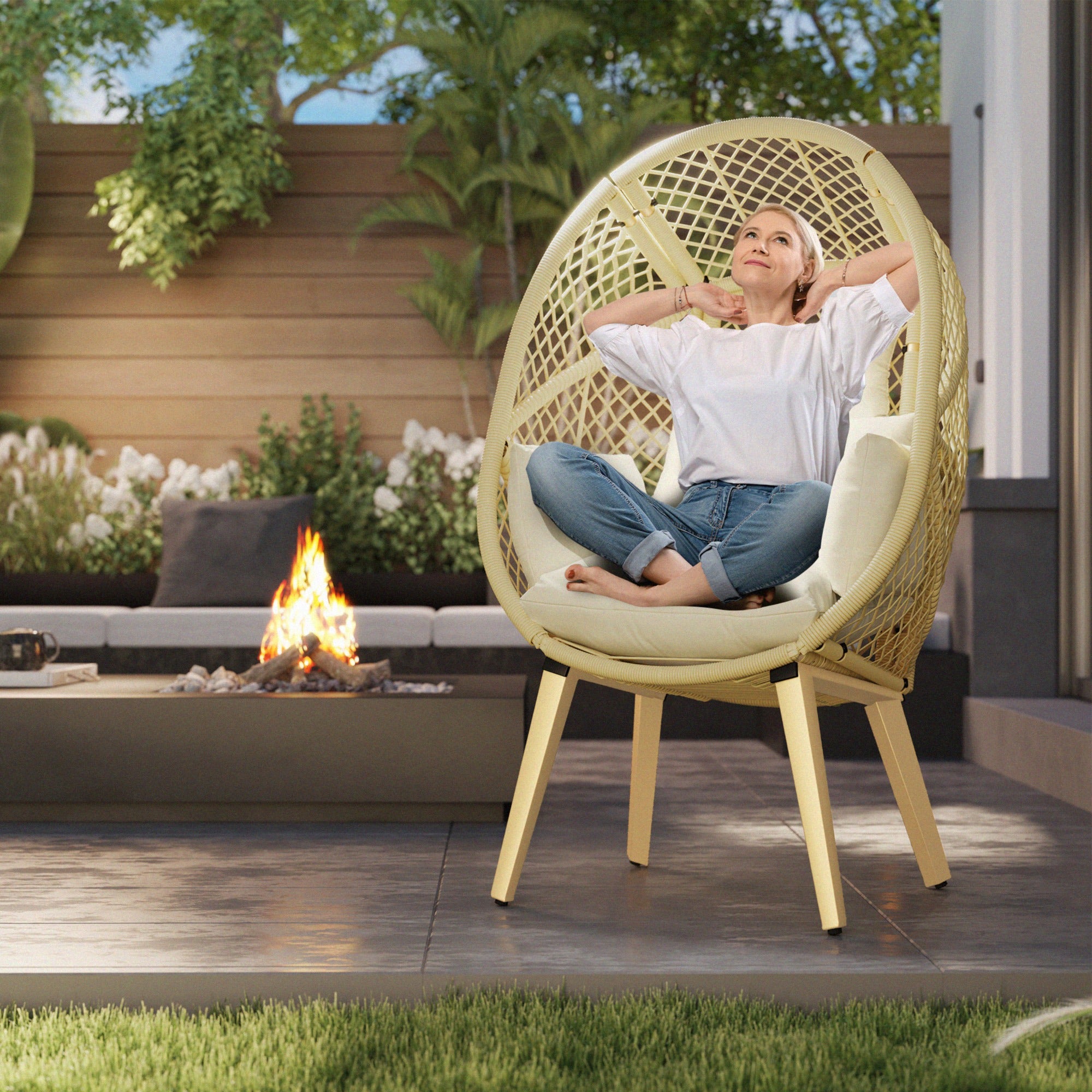 Outsunny PE Rattan Egg Chair with Cushion, Outdoor Patio Furniture with Soft Padded Headrest, Adjustable Feet, Metal Frame, 34.6" x 33.5" x 56.3", Cream White