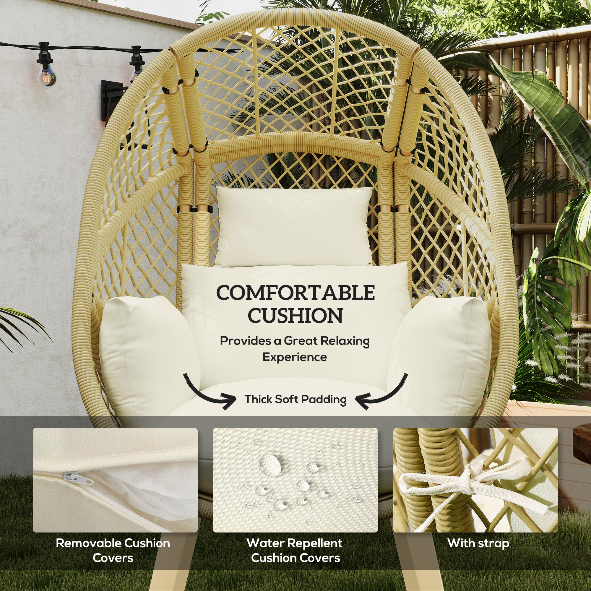 Outsunny PE Rattan Egg Chair with Cushion, Outdoor Patio Furniture with Soft Padded Headrest, Adjustable Feet, Metal Frame, 34.6" x 33.5" x 56.3", Cream White