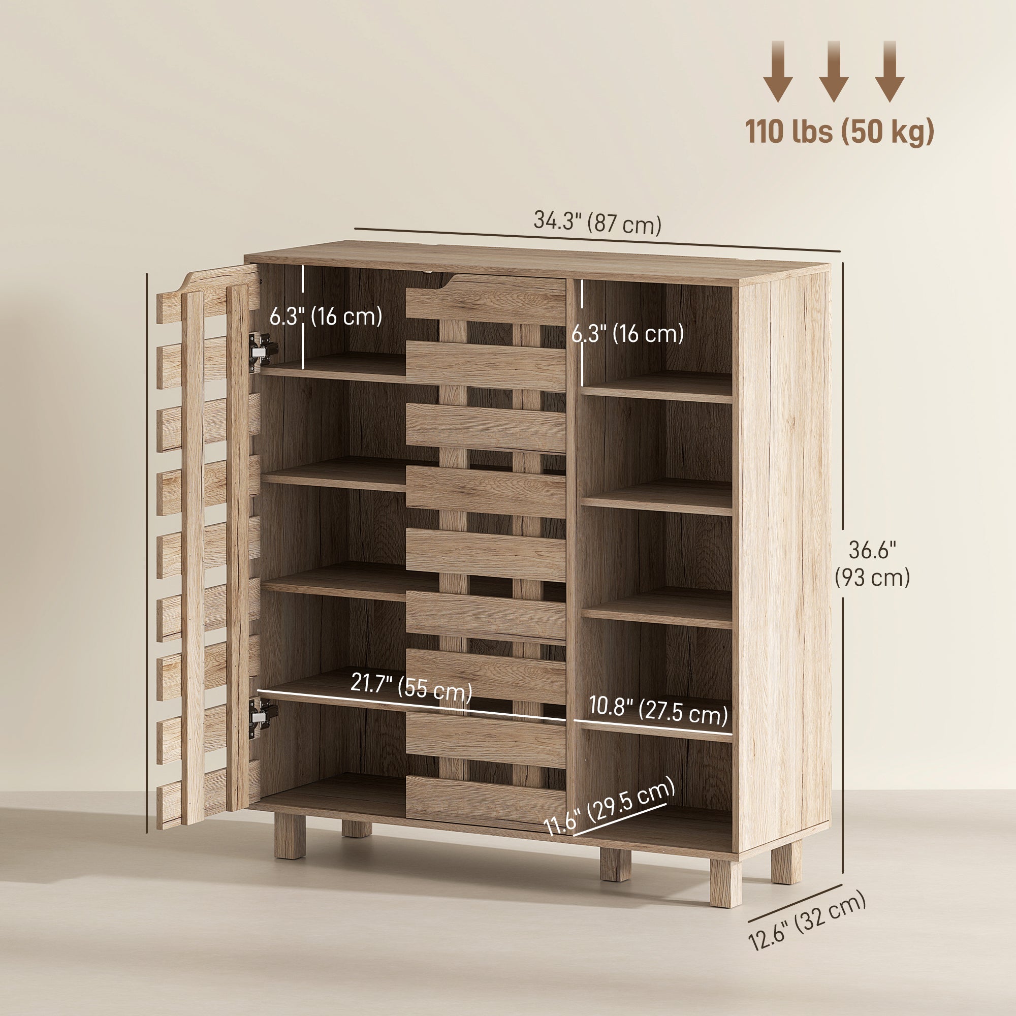 HOMCOM Modern Shoe Cabinet with Hollowed-Out Doors and 5-tier Open Shelves, 21 Pair Shoe Storage Cabinet for Entryway, Hallway, Beige