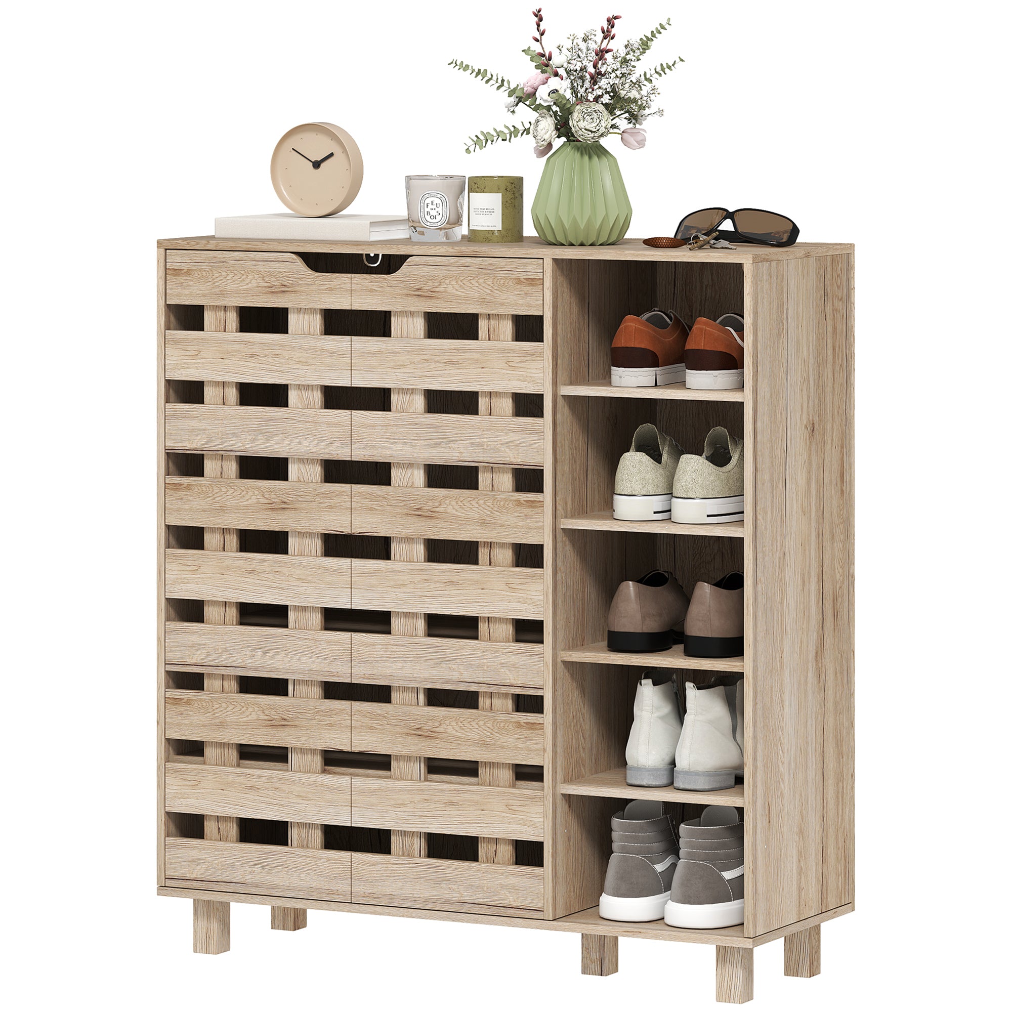 HOMCOM Modern Shoe Cabinet with Hollowed-Out Doors and 5-tier Open Shelves, 21 Pair Shoe Storage Cabinet for Entryway, Hallway, Beige