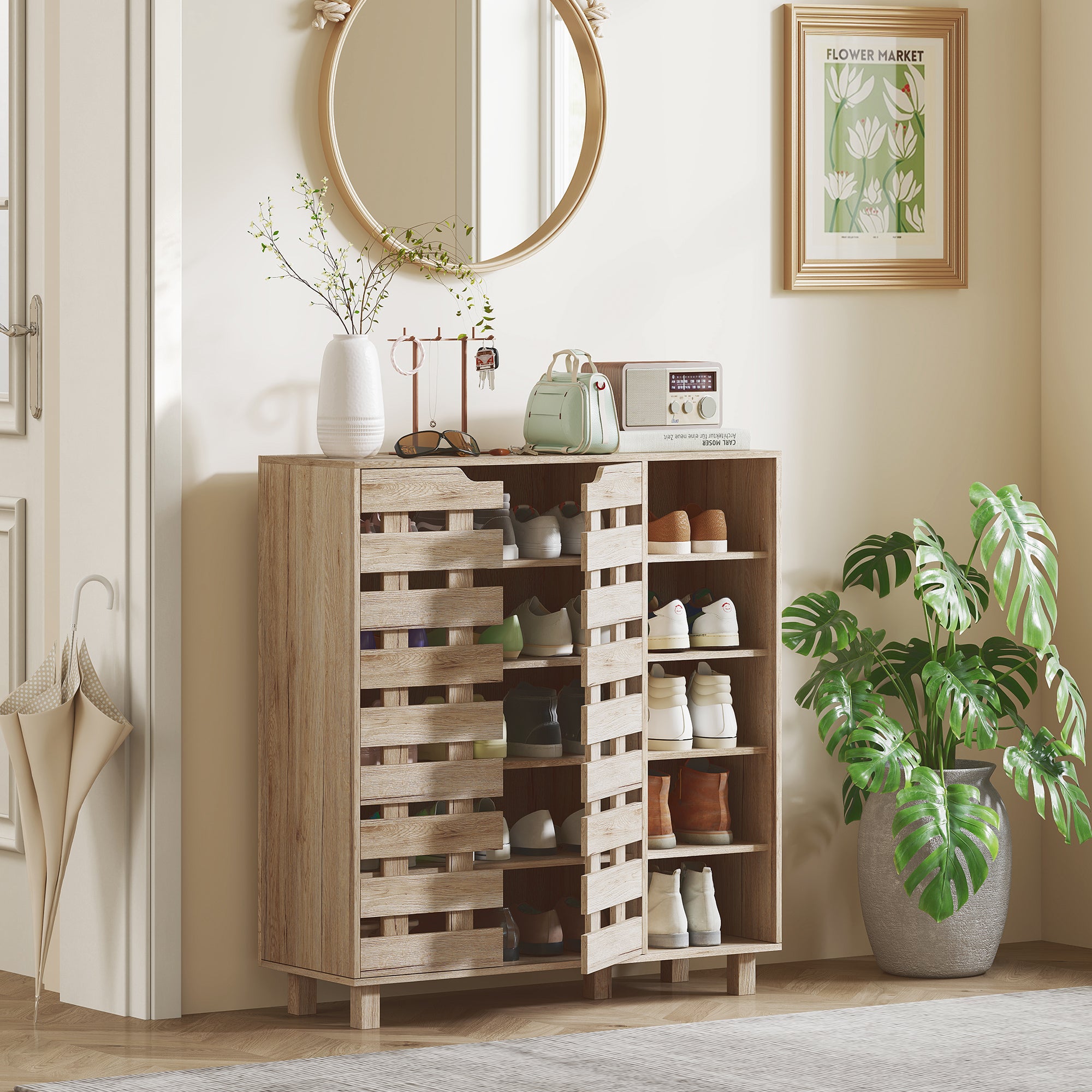 HOMCOM Modern Shoe Cabinet with Hollowed-Out Doors and 5-tier Open Shelves, 21 Pair Shoe Storage Cabinet for Entryway, Hallway, Beige