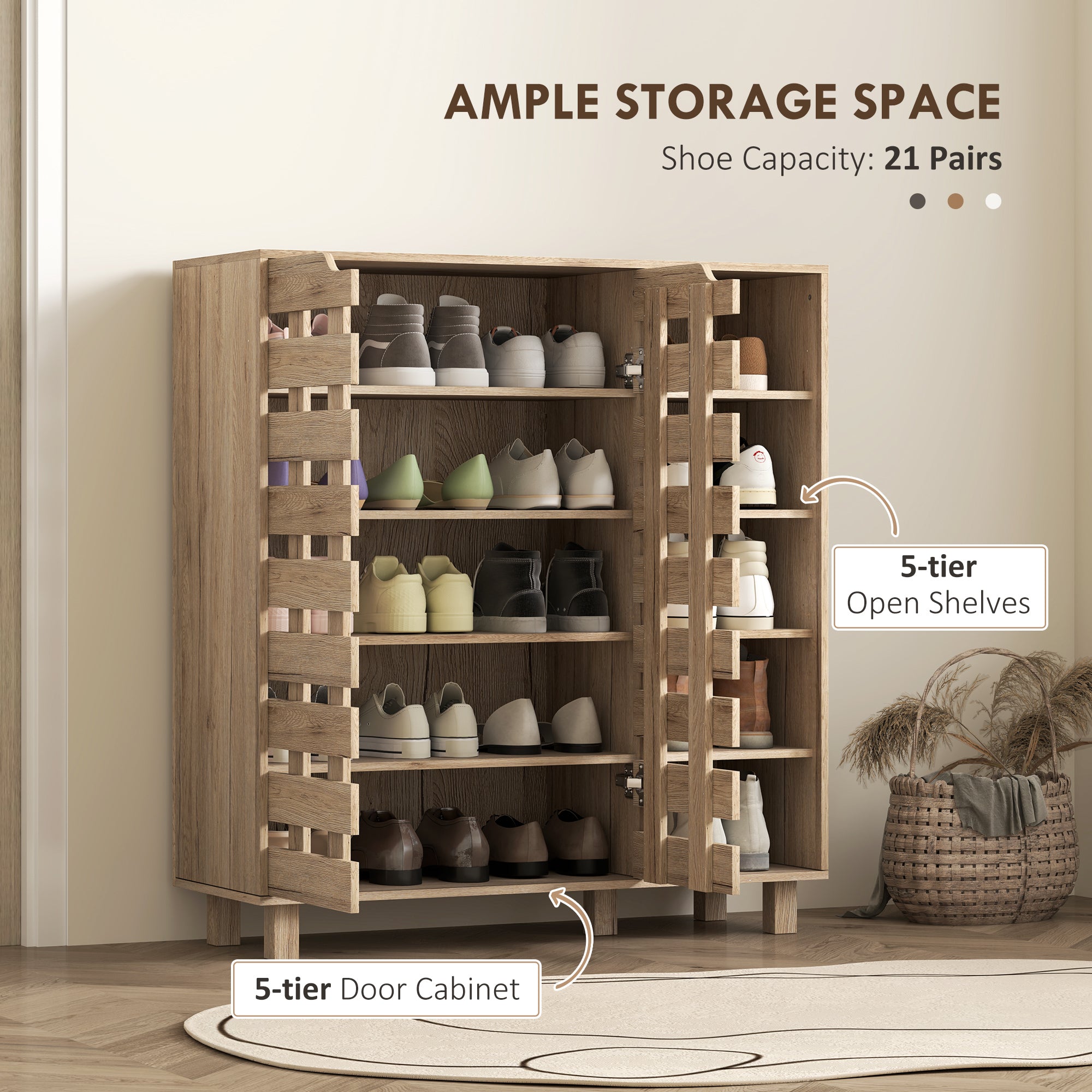 HOMCOM Modern Shoe Cabinet with Hollowed-Out Doors and 5-tier Open Shelves, 21 Pair Shoe Storage Cabinet for Entryway, Hallway, Beige