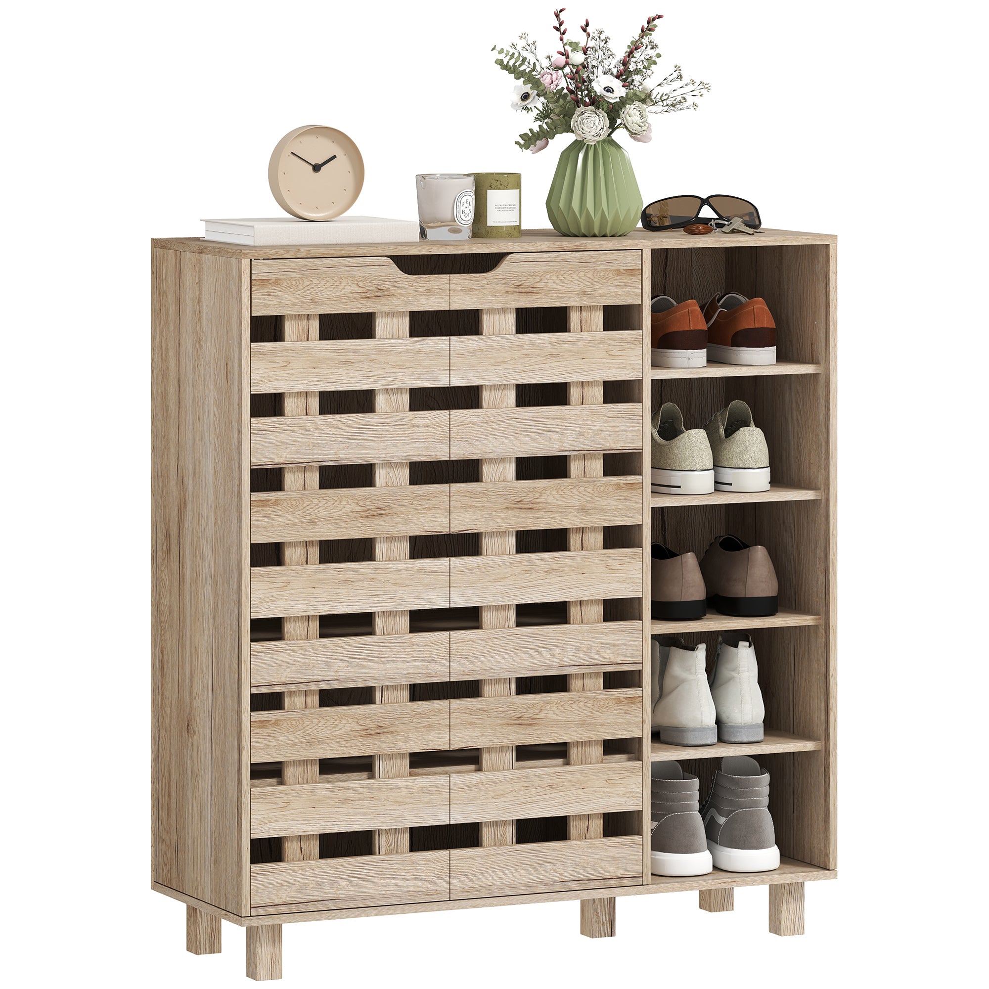 HOMCOM Modern Shoe Cabinet with Hollowed-Out Doors and 5-tier Open Shelves, 21 Pair Shoe Storage Cabinet for Entryway, Hallway, Beige