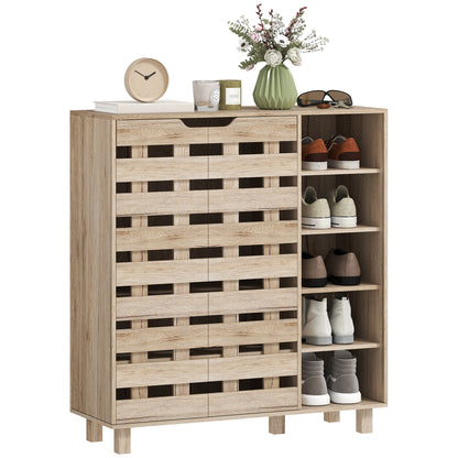 HOMCOM Modern Shoe Cabinet with Hollowed-Out Doors and 5-tier Open Shelves, 21 Pair Shoe Storage Cabinet for Entryway, Hallway, Beige